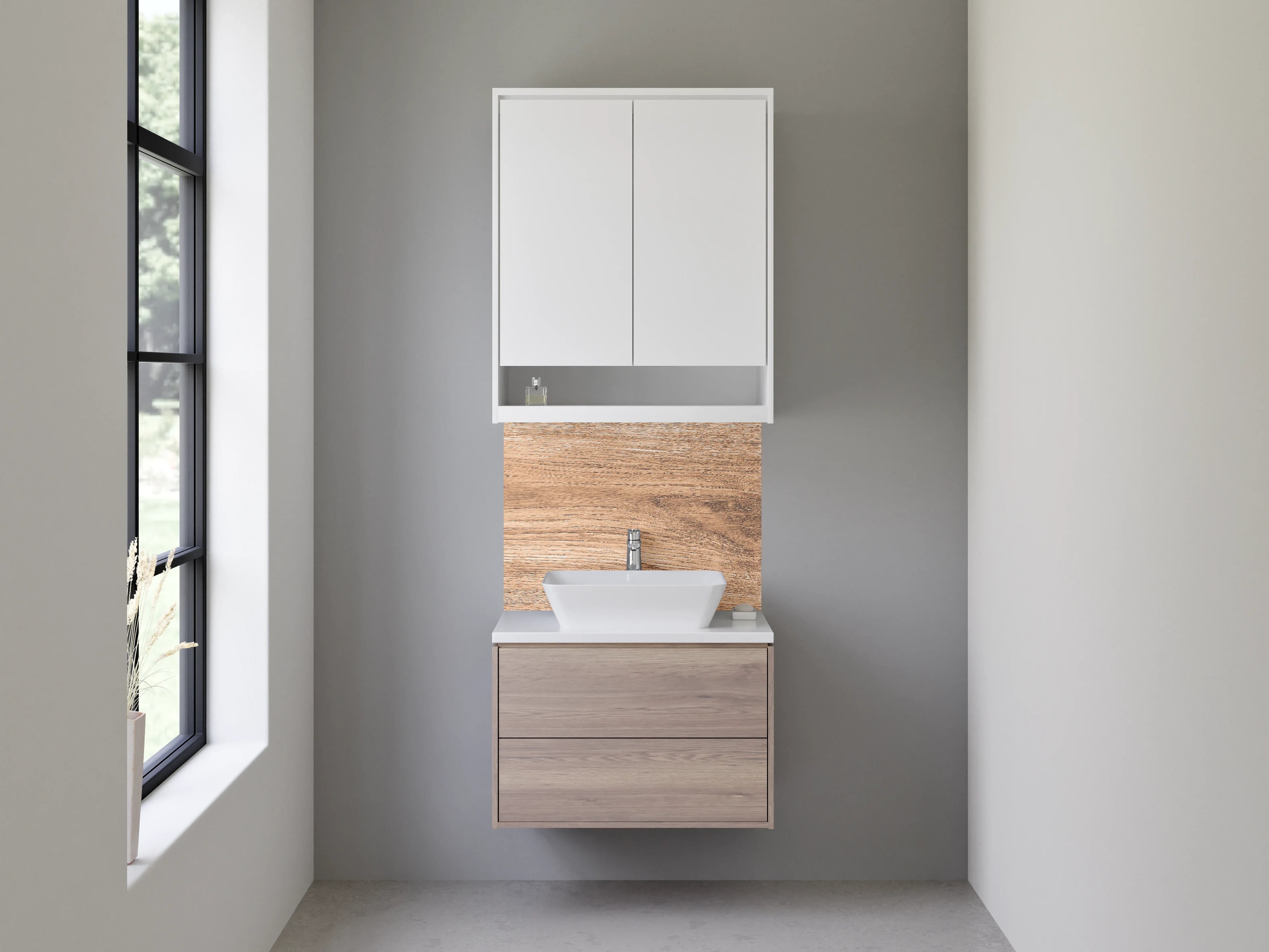 Waschbecken-Rückwand - Graue Holzoptik in warmen Tönen