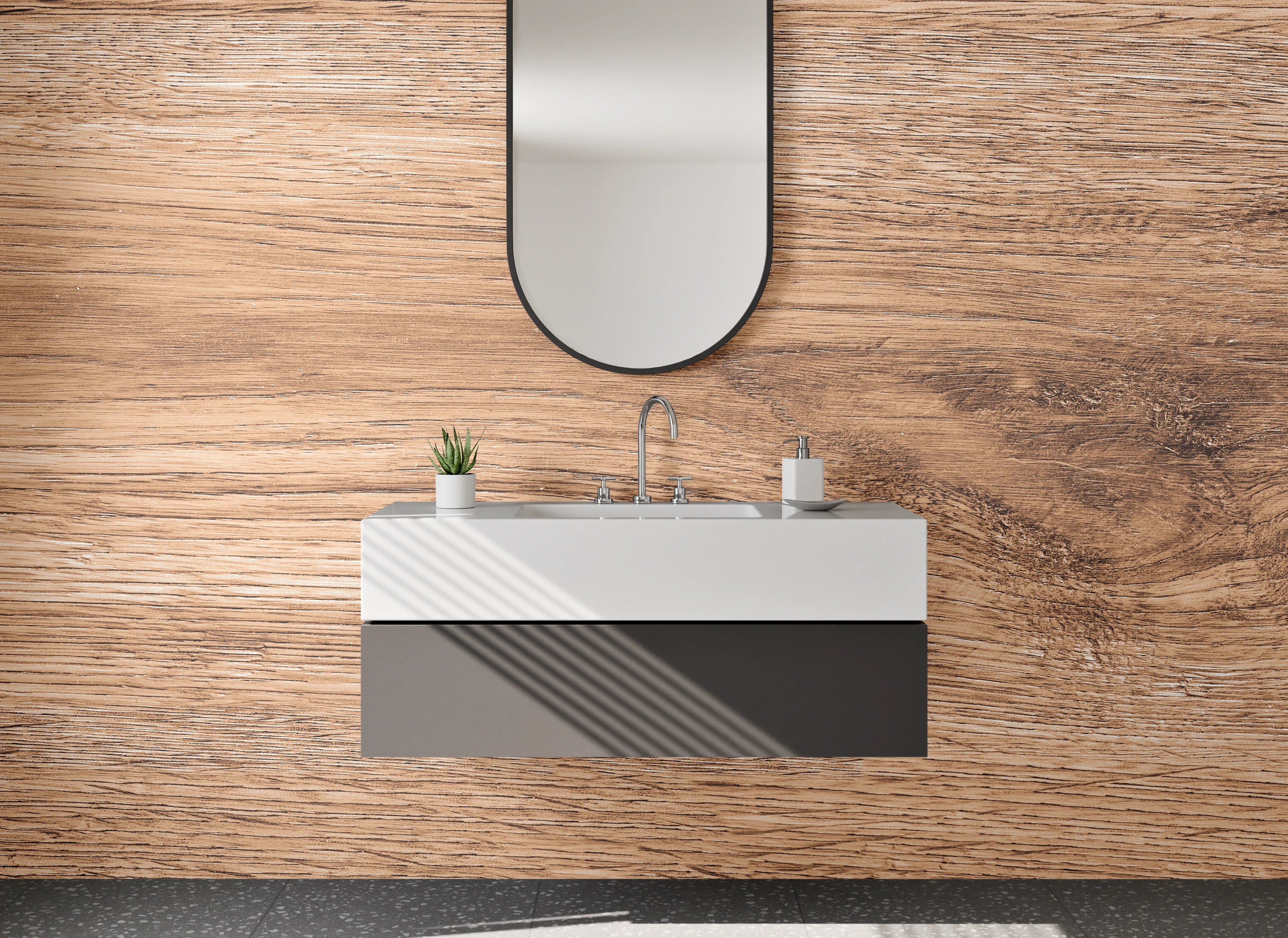 Waschbecken-Rückwand - Graue Holzoptik in warmen Tönen