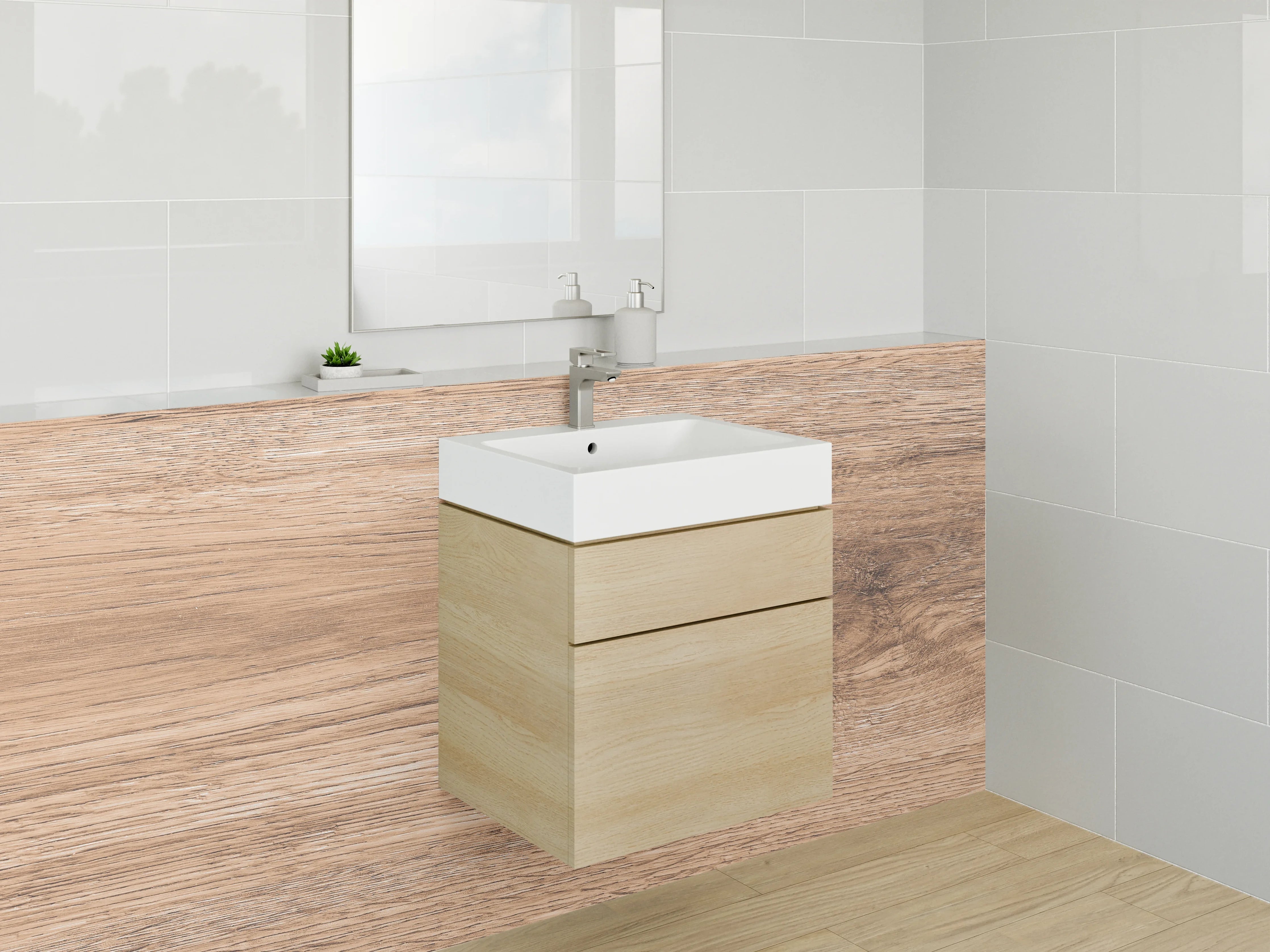 Waschbecken-Rückwand - Graue Holzoptik in warmen Tönen