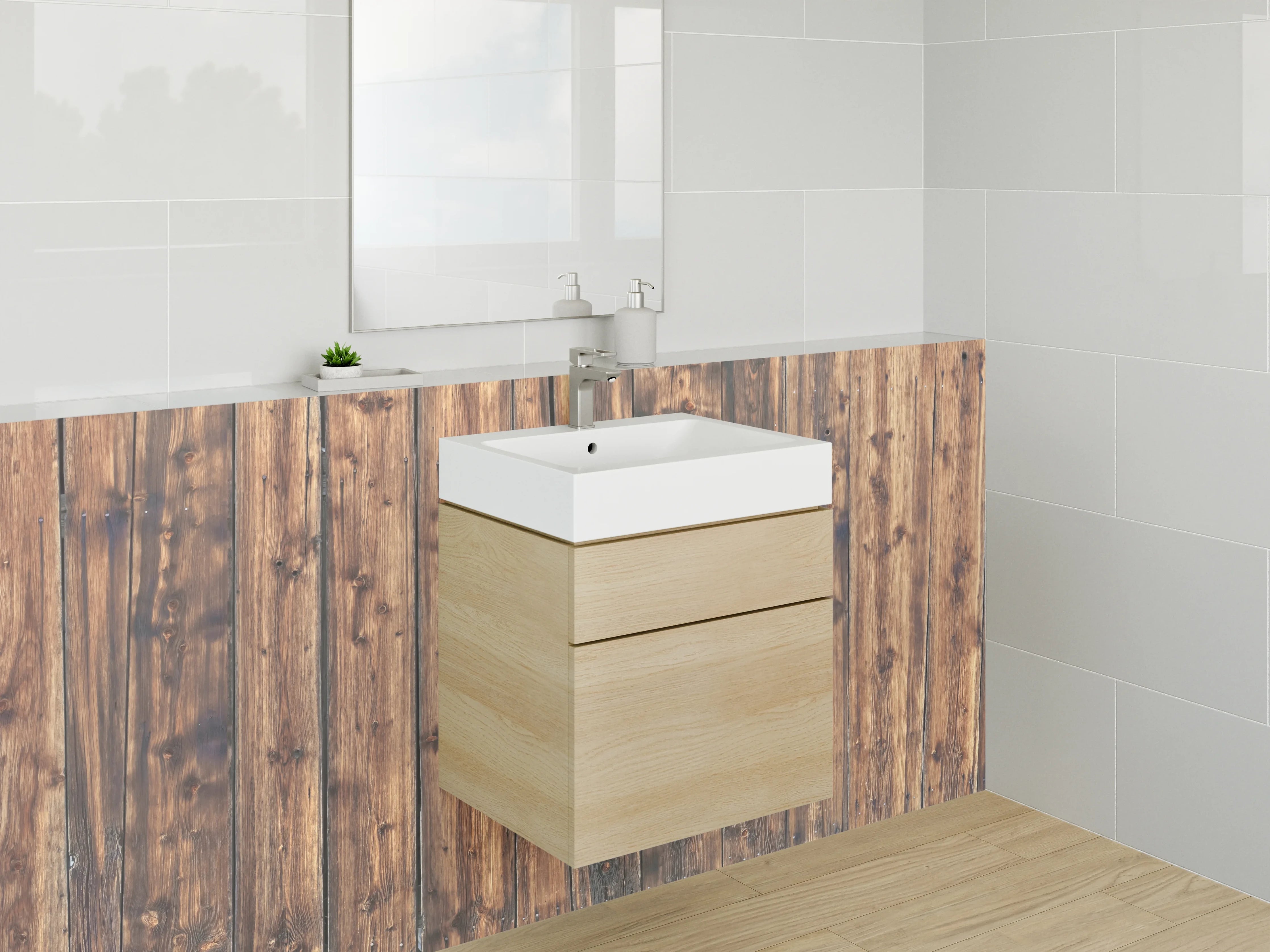 Waschbecken-Rückwand - Graue Holzrückwand mit weißen Mustern