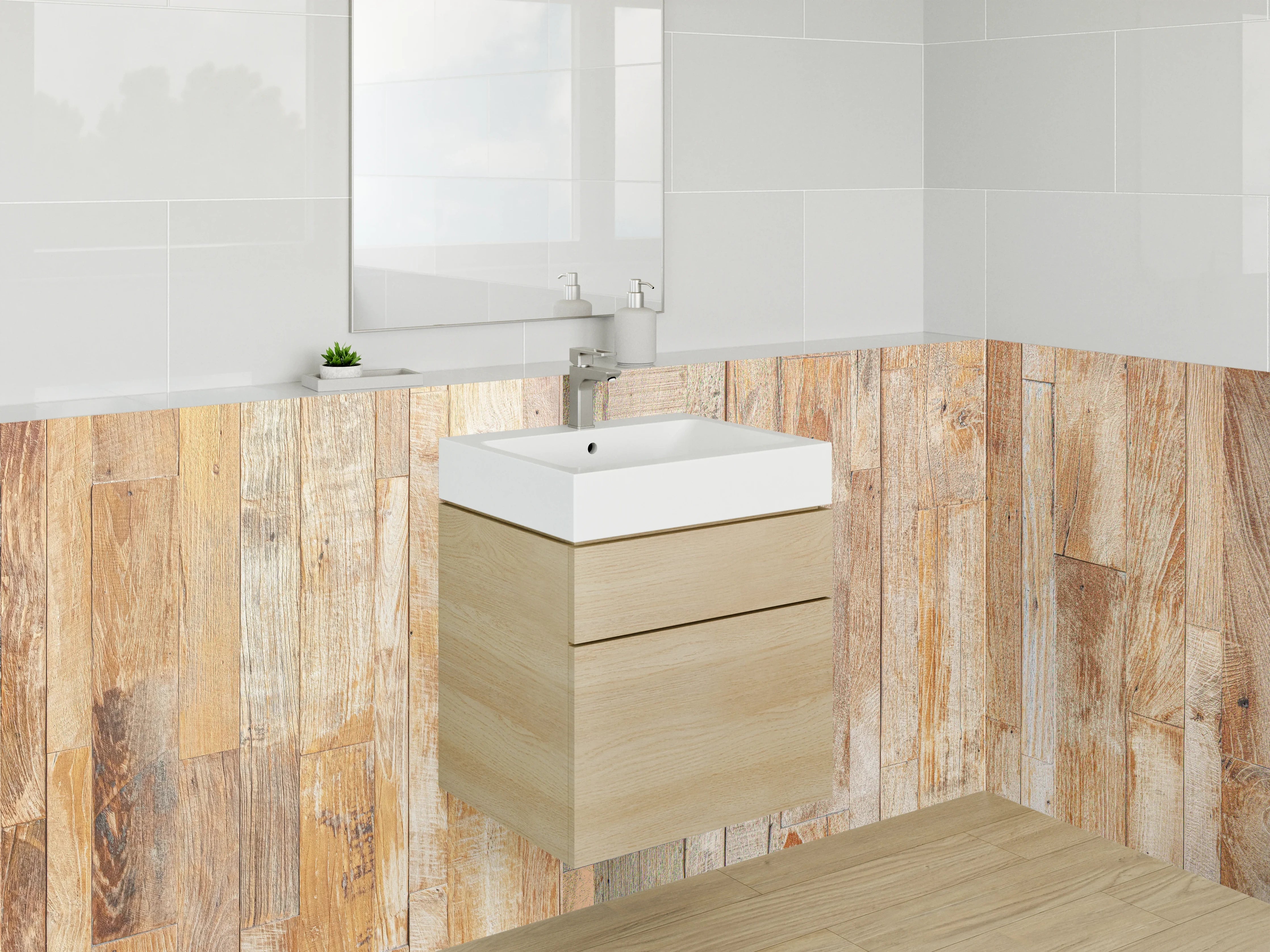 Waschbecken-Rückwand - Graue Holzstruktur mit weißen Akzenten
