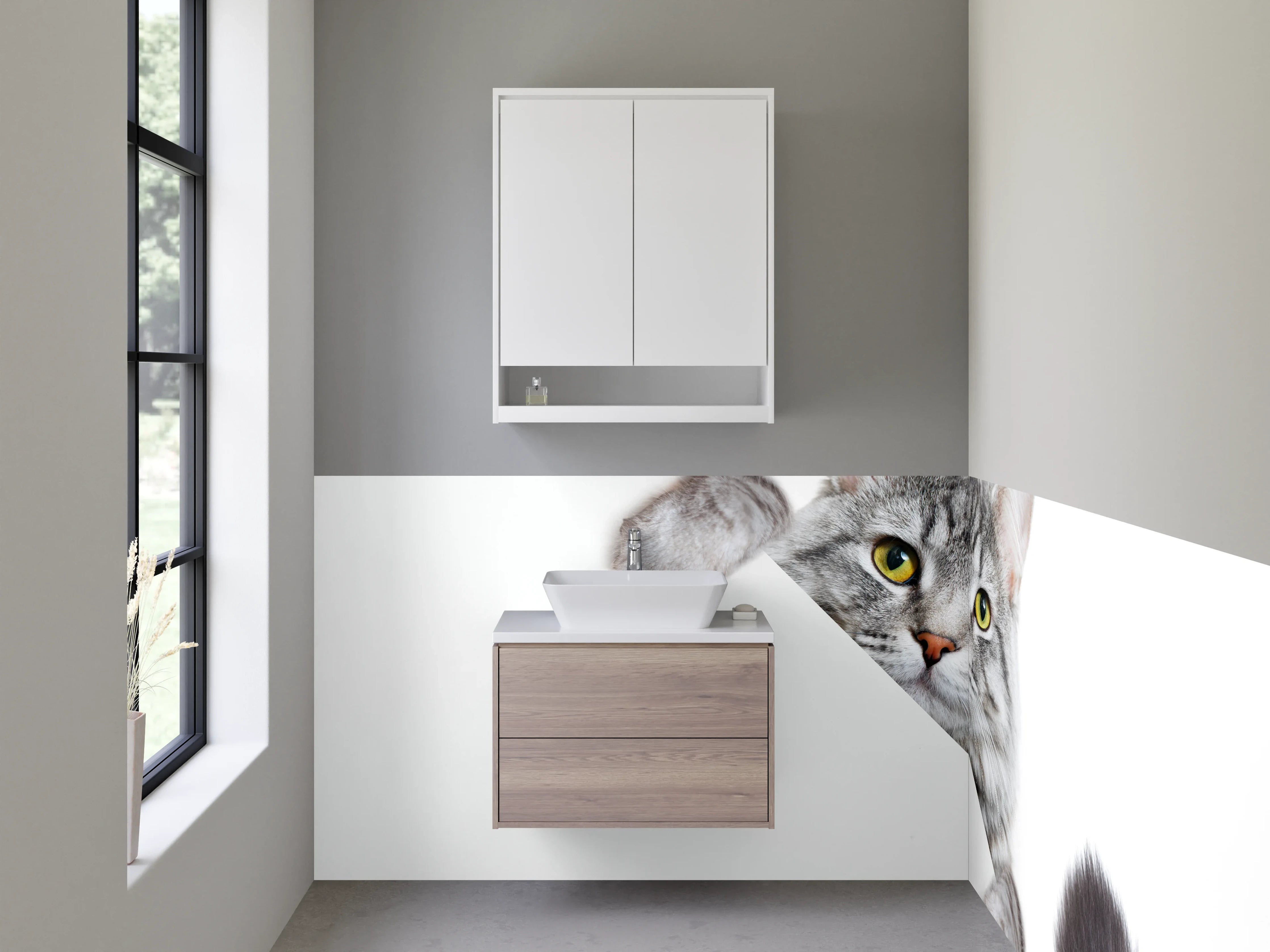 Waschbecken-Rückwand - Graue Katze schaut hervor Illustration