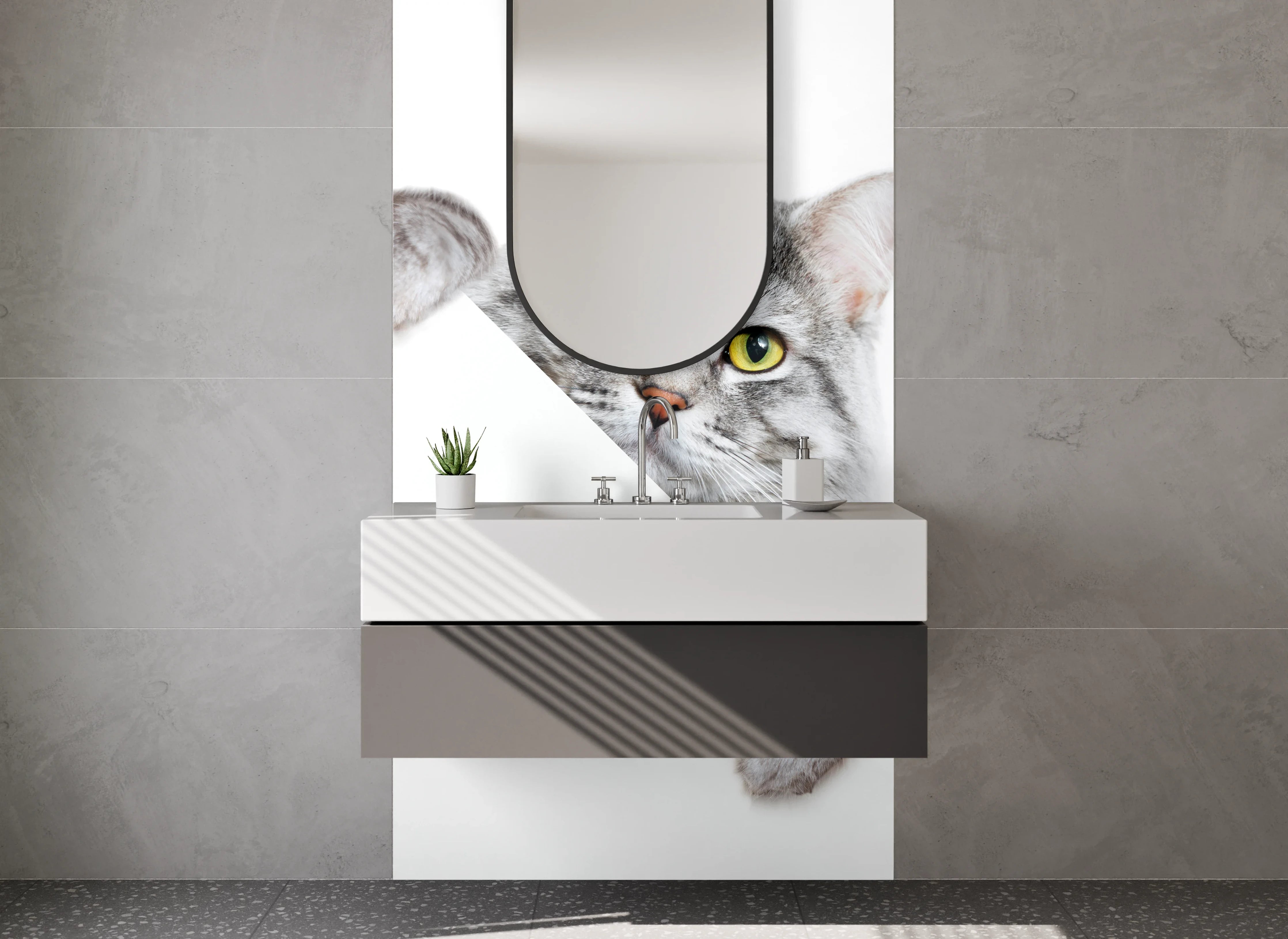 Waschbecken-Rückwand - Graue Katze schaut hervor Illustration