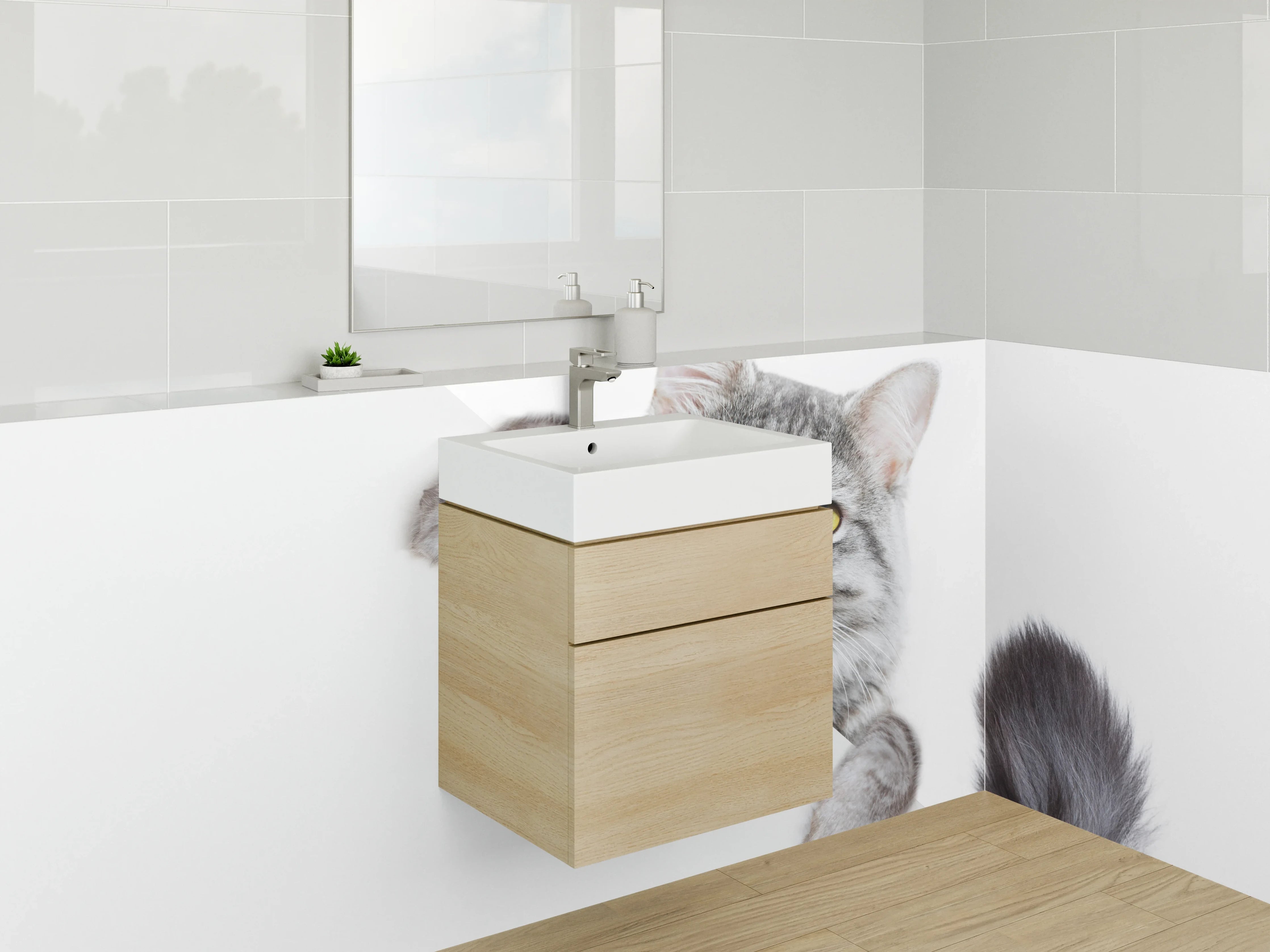 Waschbecken-Rückwand - Graue Katze schaut hervor Illustration