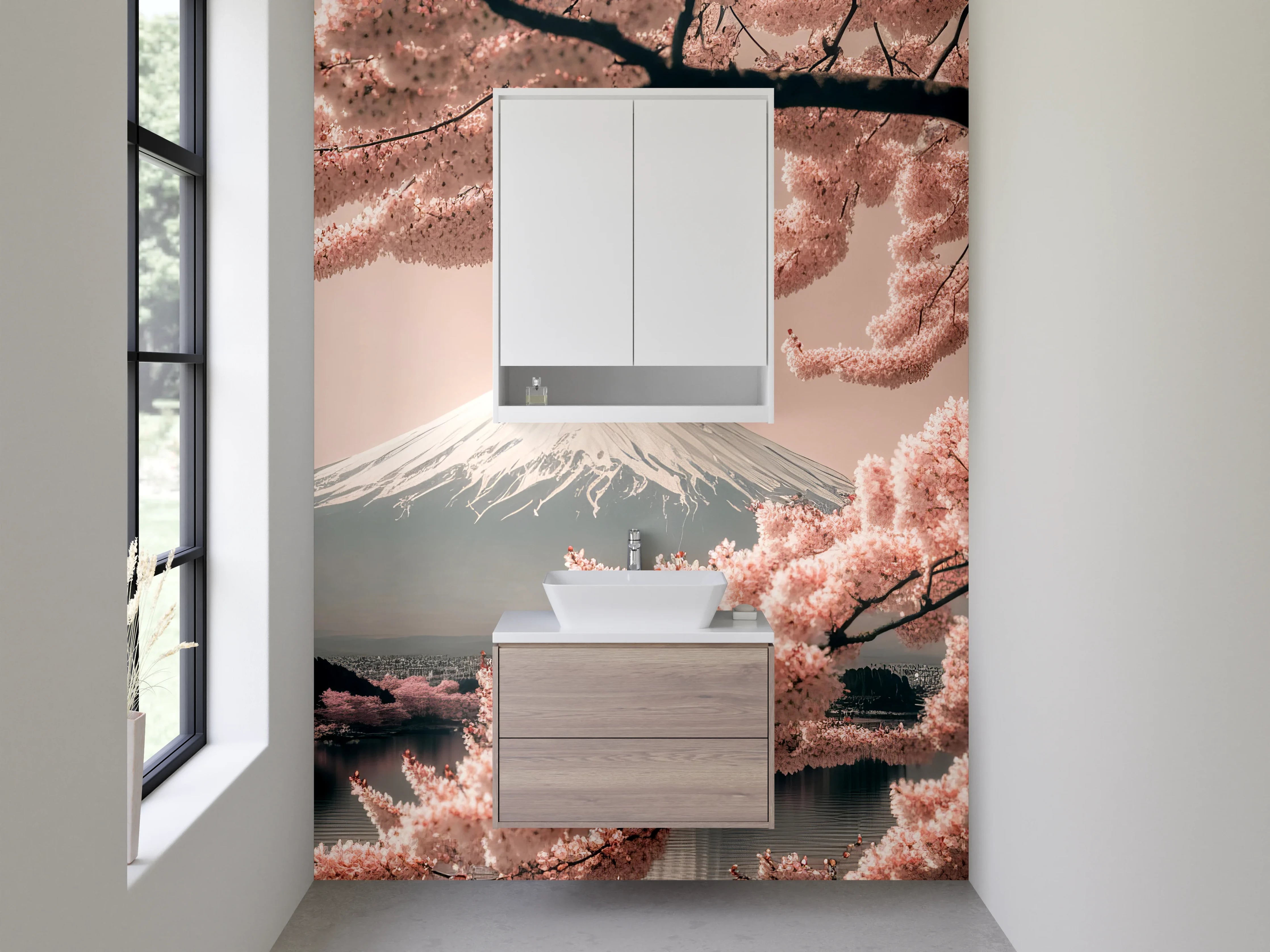Waschbecken-Rückwand - Graue Kirschblüten vor Fuji