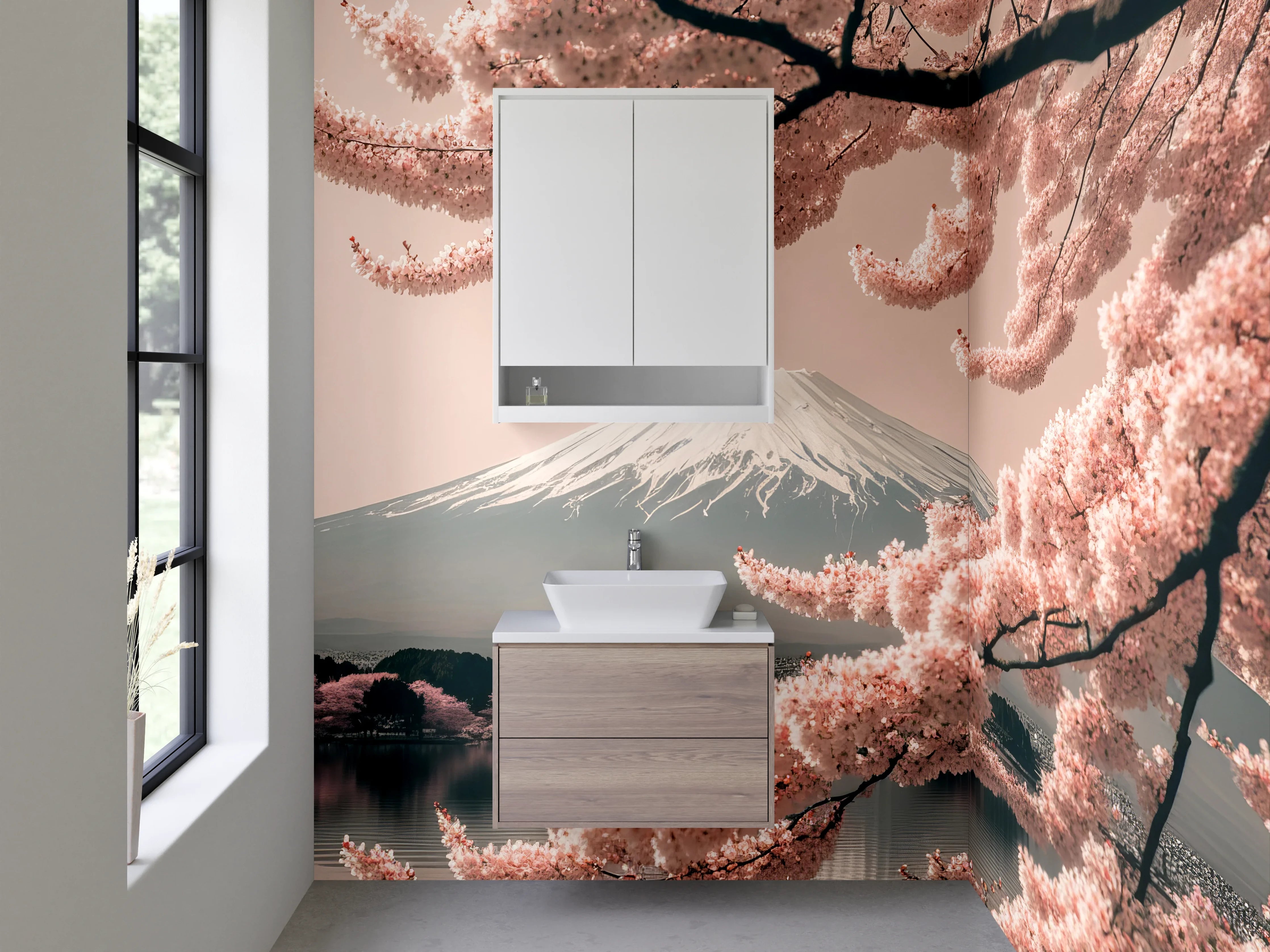 Waschbecken-Rückwand - Graue Kirschblüten vor Fuji