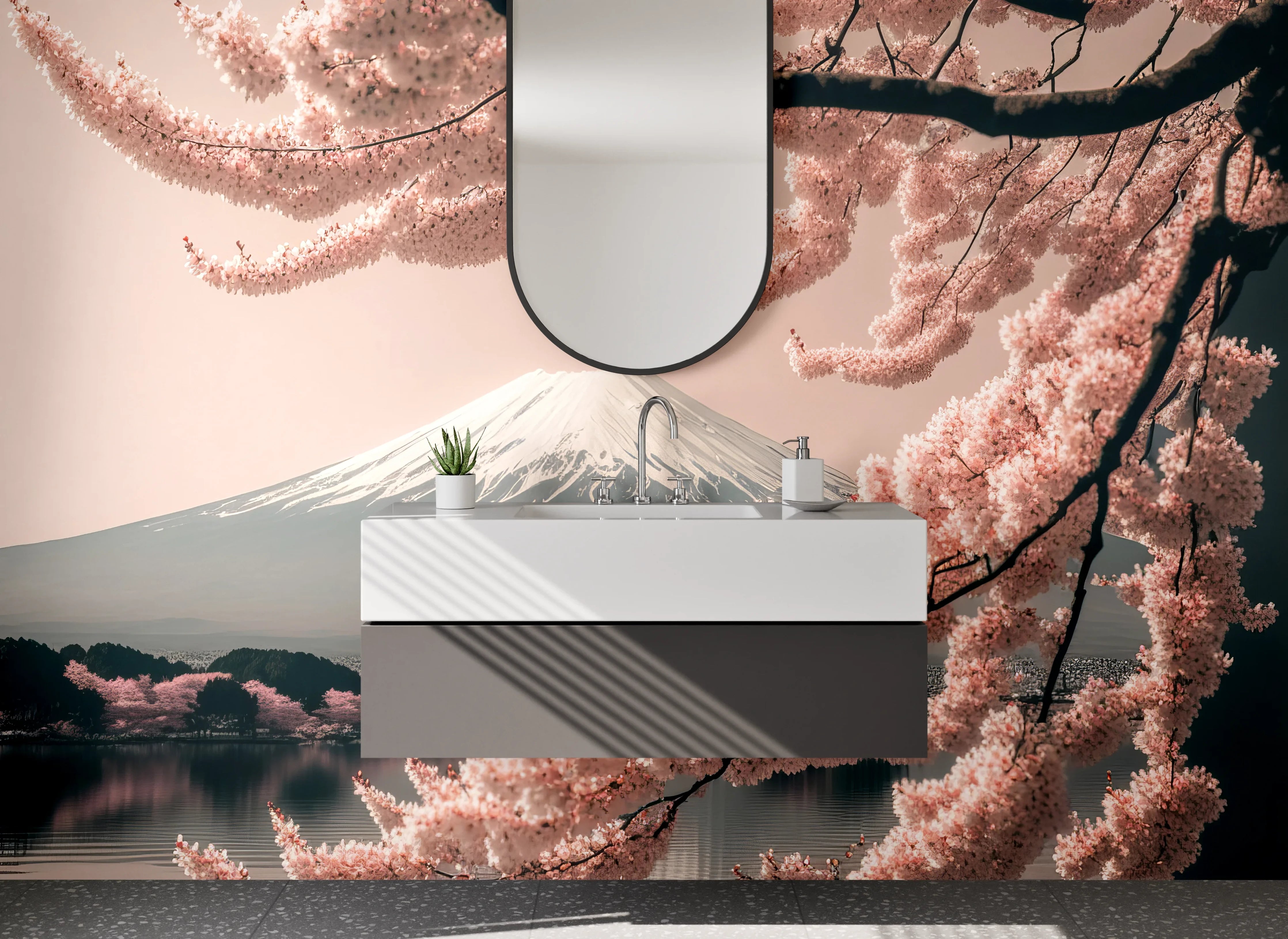 Waschbecken-Rückwand - Graue Kirschblüten vor Fuji