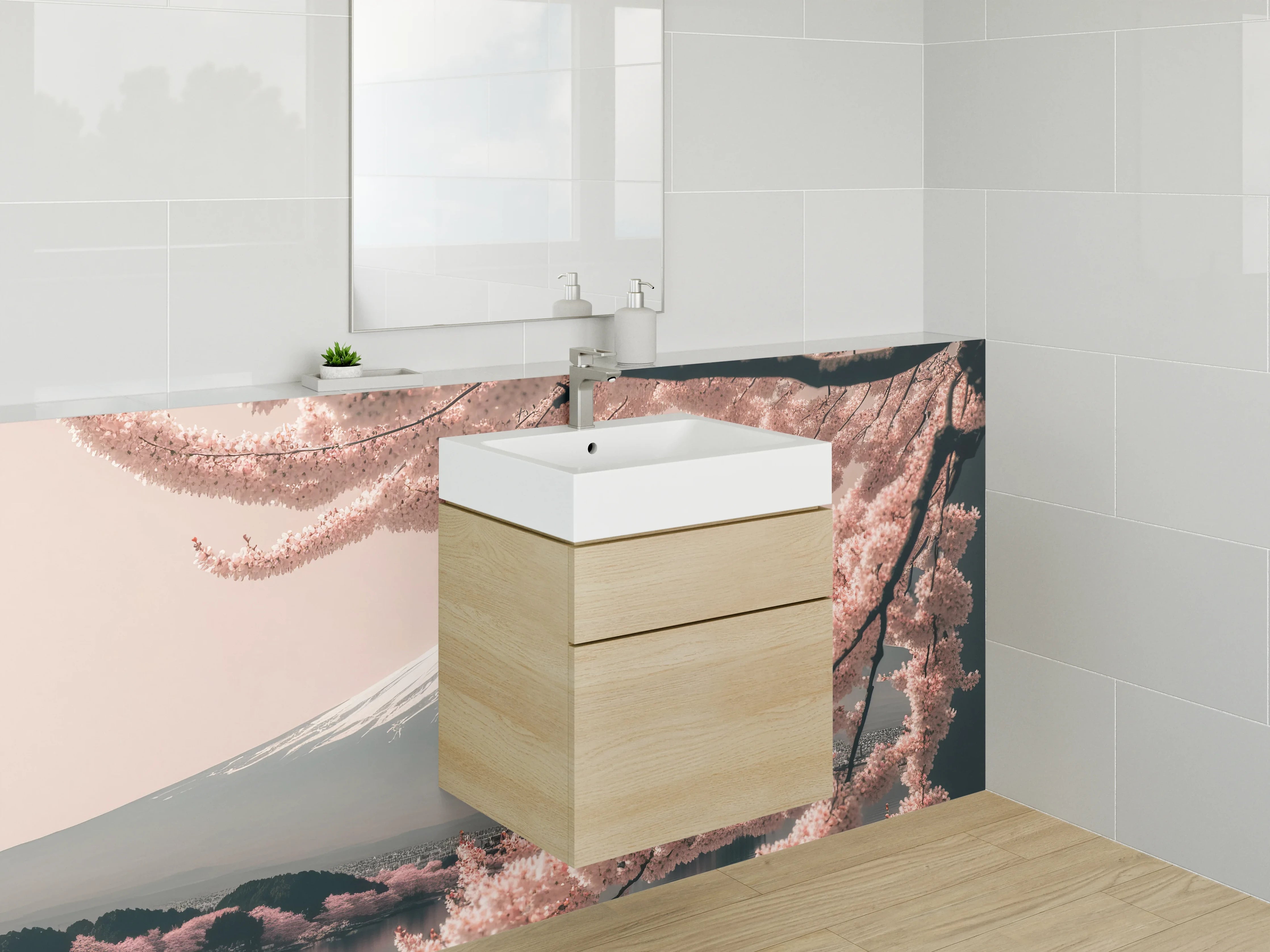 Waschbecken-Rückwand - Graue Kirschblüten vor Fuji