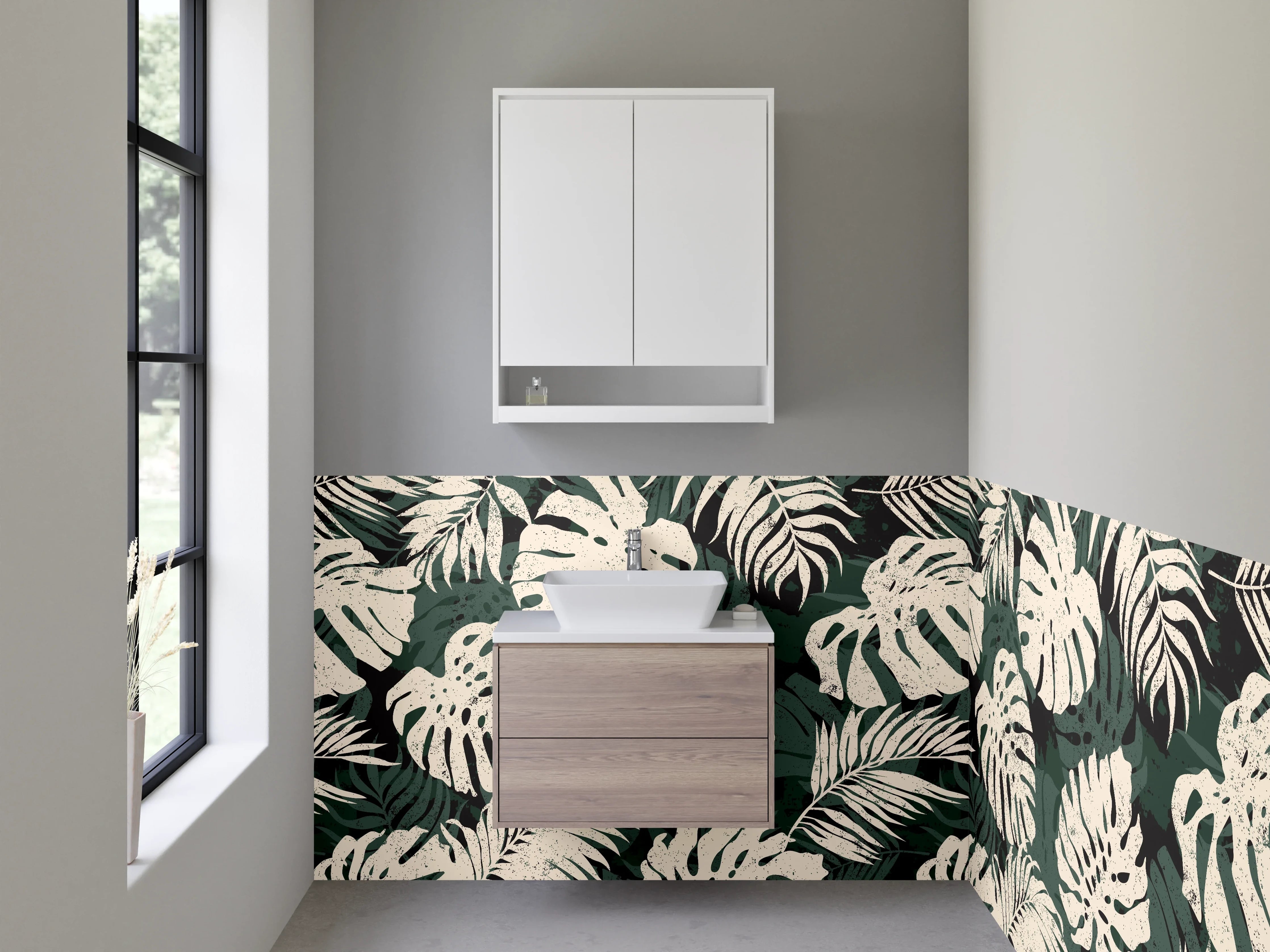 Waschbecken-Rückwand - Graue Monstera Silhouetten auf Weiß