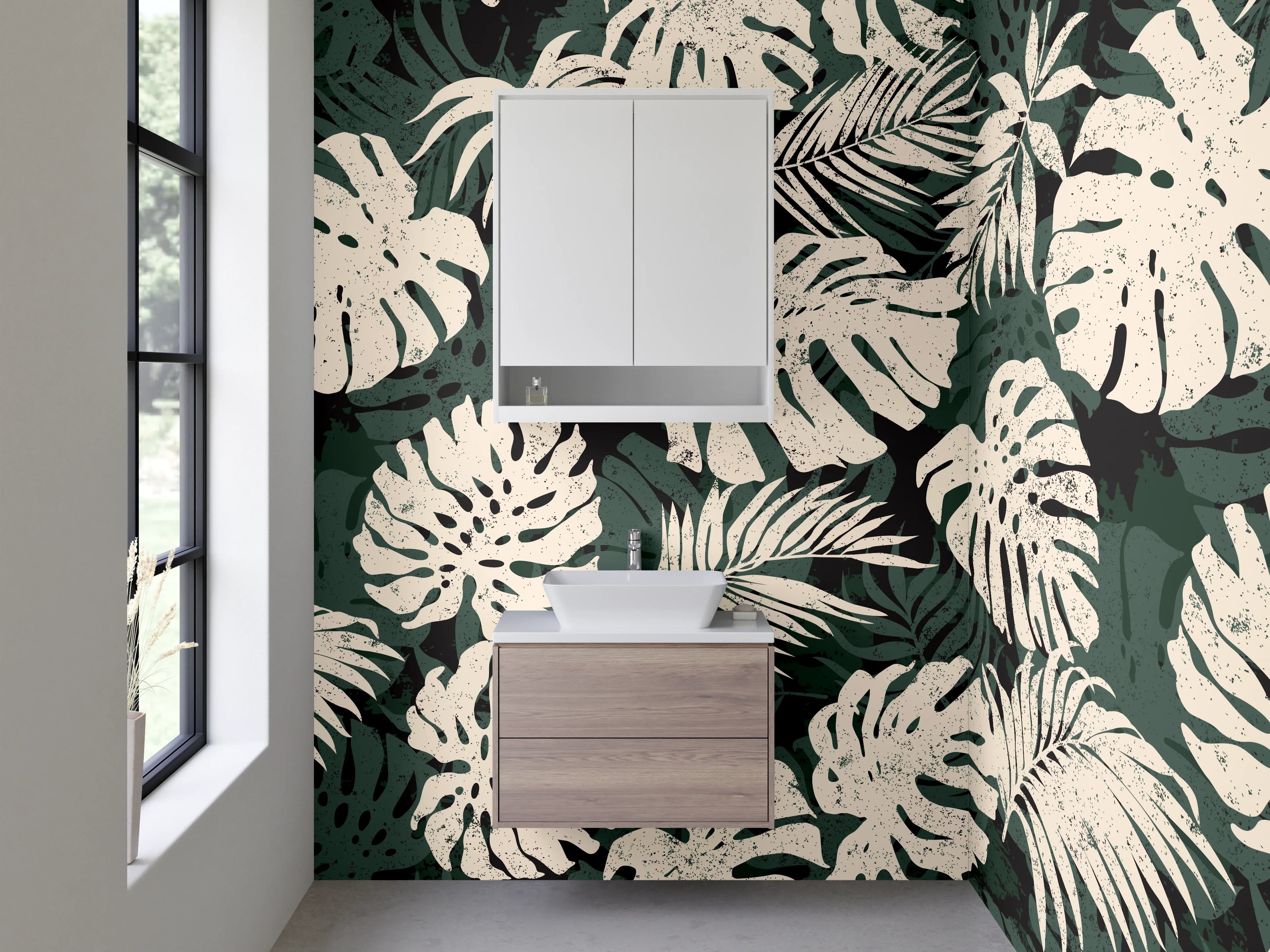 Waschbecken-Rückwand - Graue Monstera Silhouetten auf Weiß