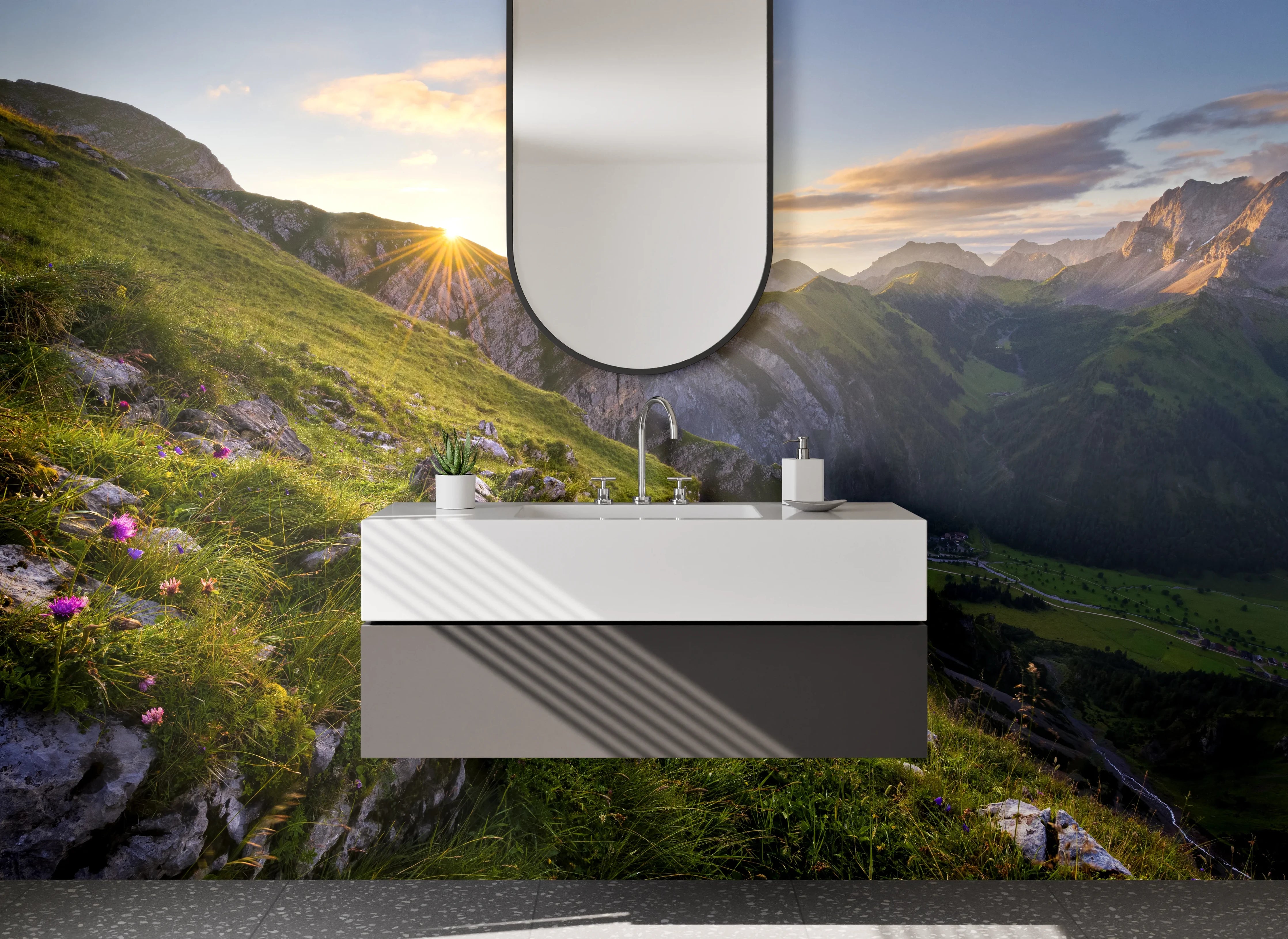 Waschbecken-Rückwand - Graue Morgendämmerung über Gipfeln