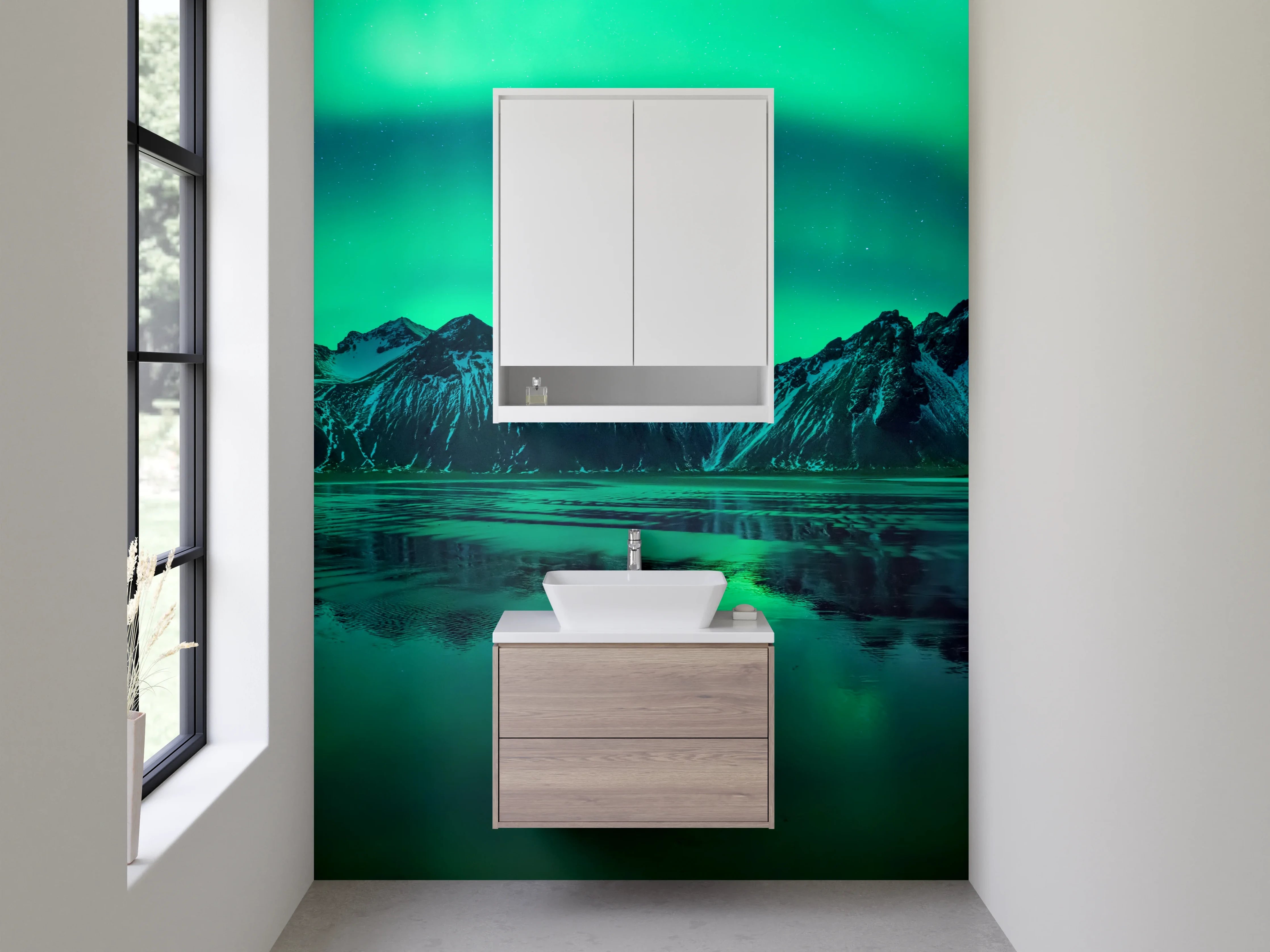 Waschbecken-Rückwand - Graue Nordlichter im Schneegestöber