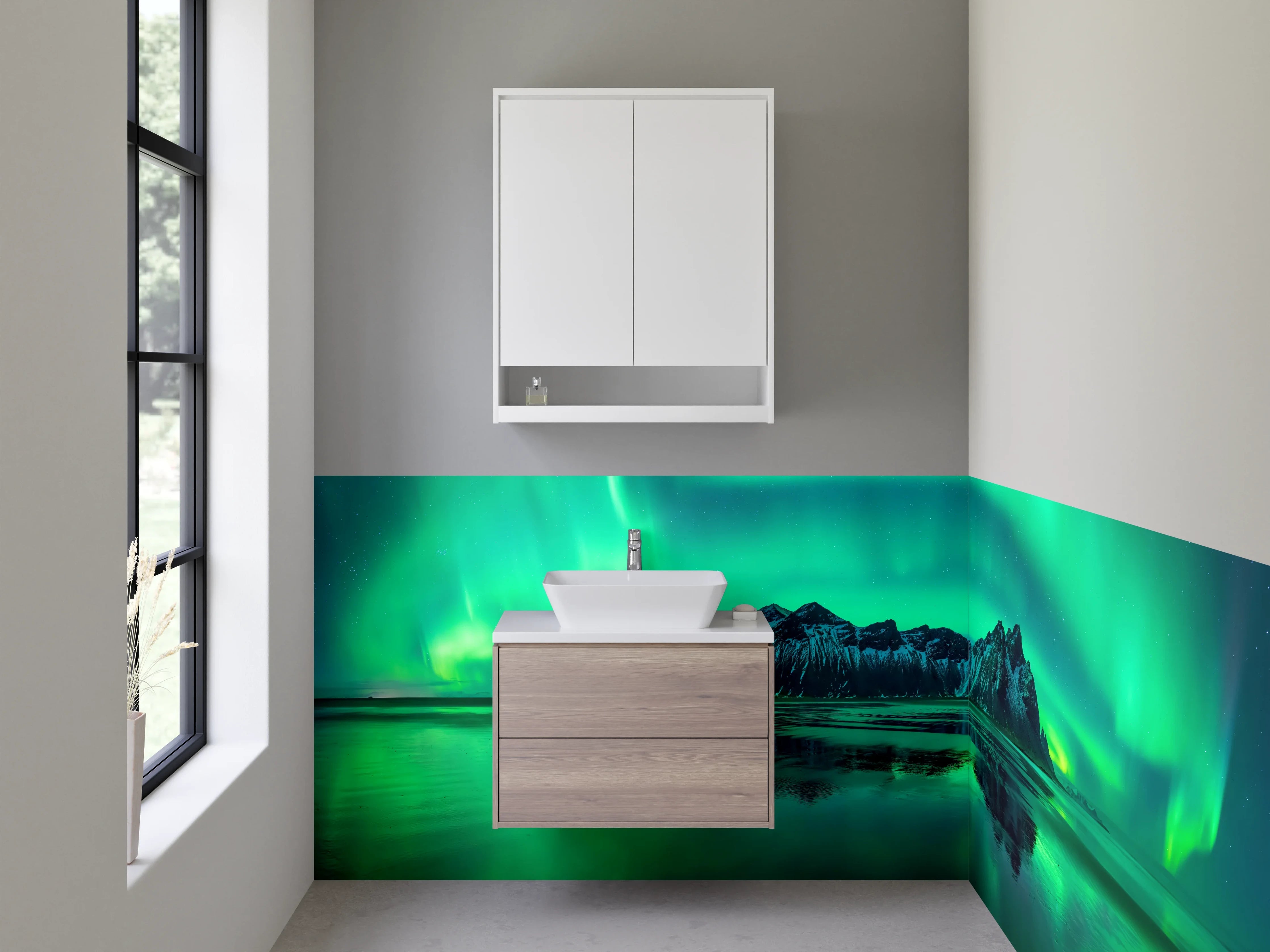 Waschbecken-Rückwand - Graue Nordlichter im Schneegestöber