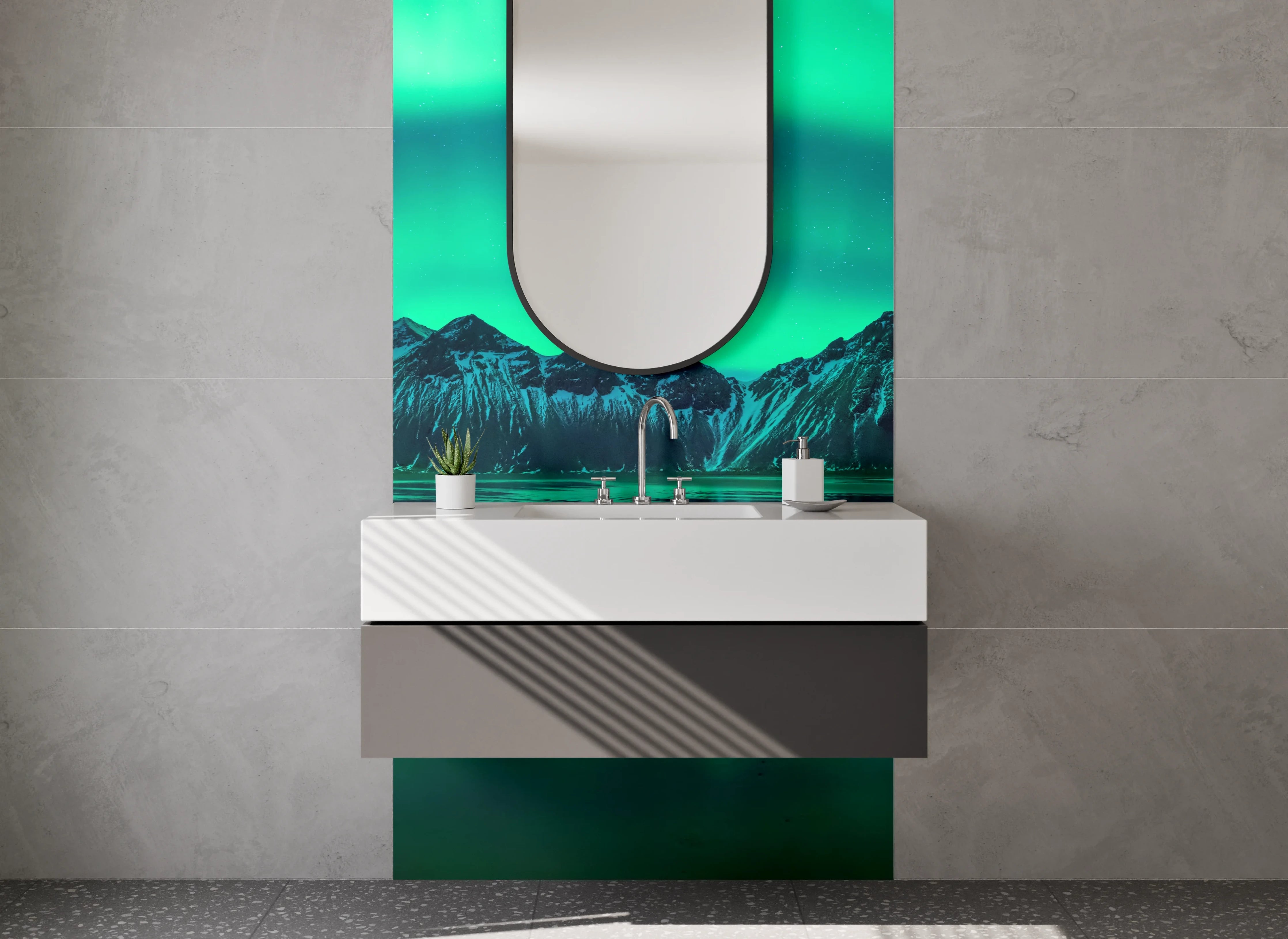 Waschbecken-Rückwand - Graue Nordlichter im Schneegestöber