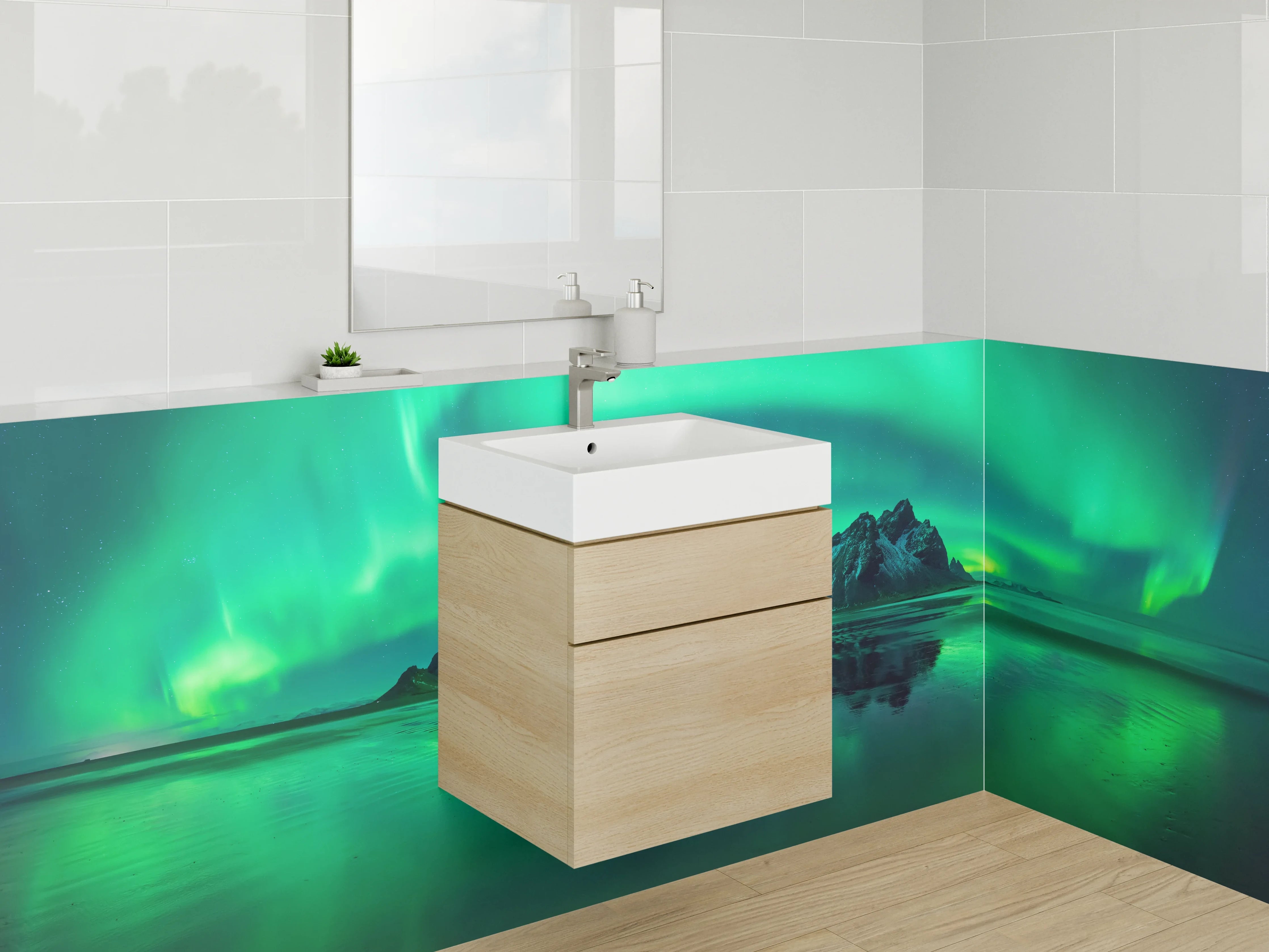 Waschbecken-Rückwand - Graue Nordlichter im Schneegestöber