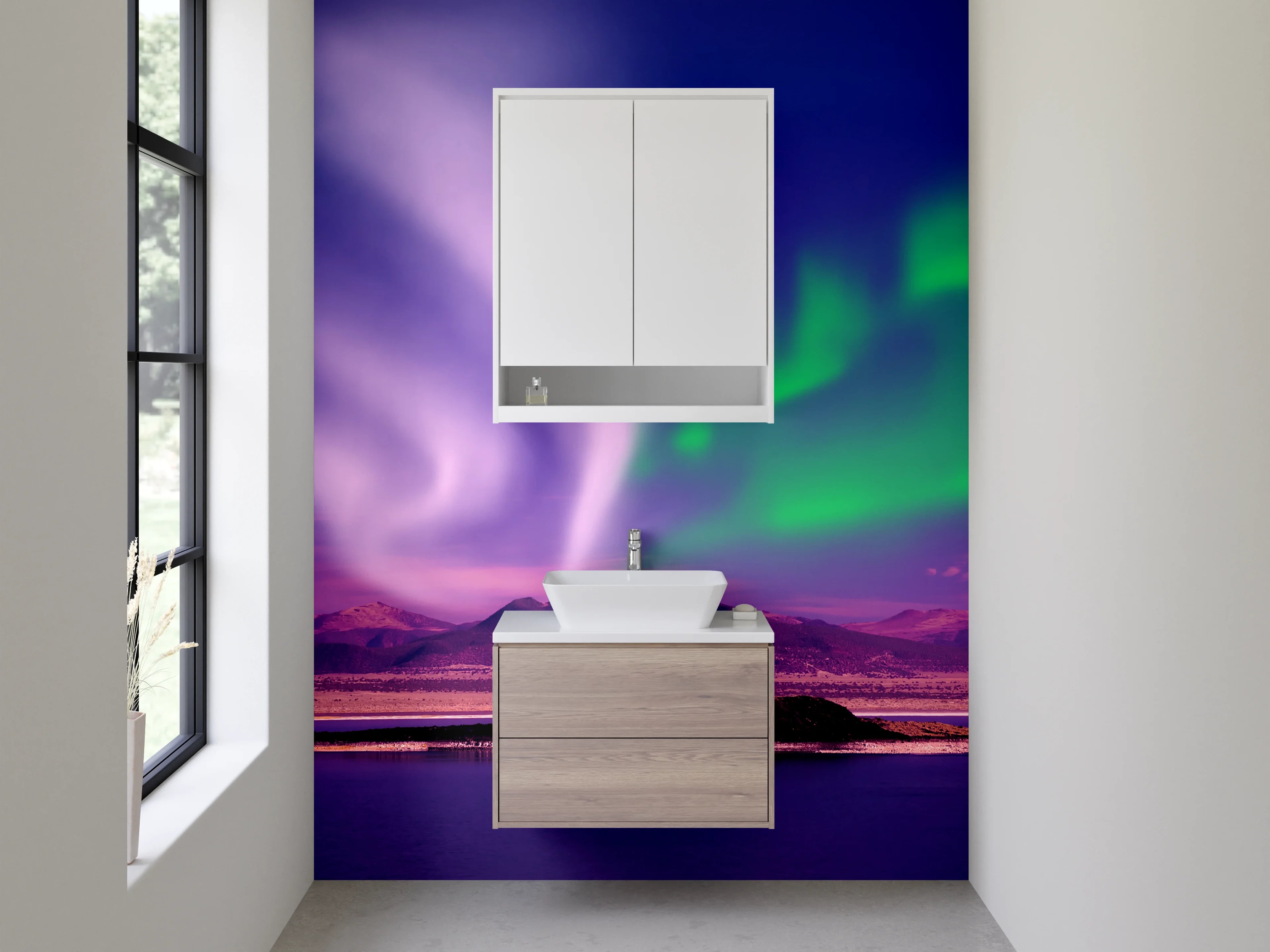 Waschbecken-Rückwand - Graue Nordlichter in Bergnacht