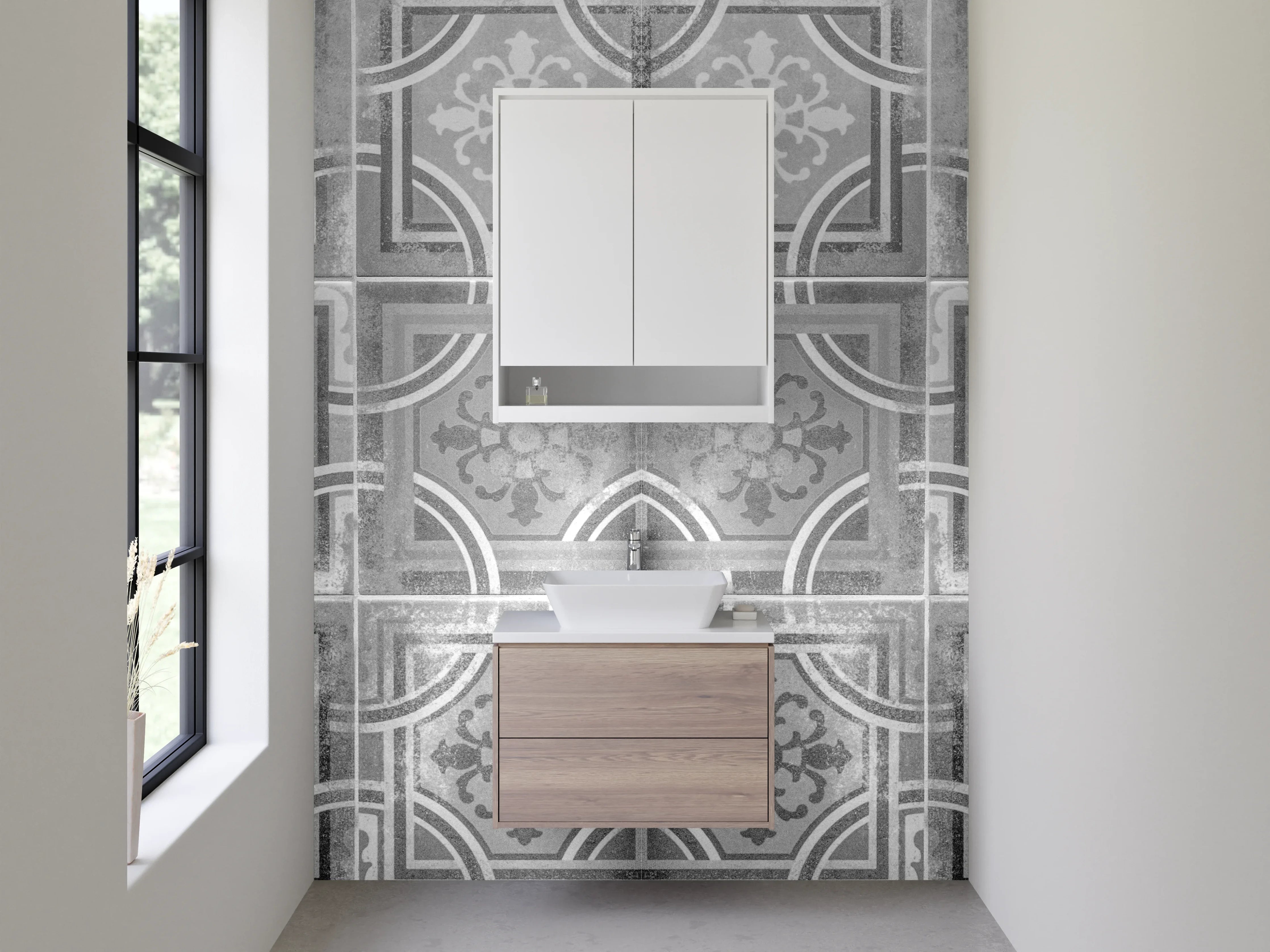 Waschbecken-Rückwand - Graue Ornamente auf Weiß Vintage-Fliesen