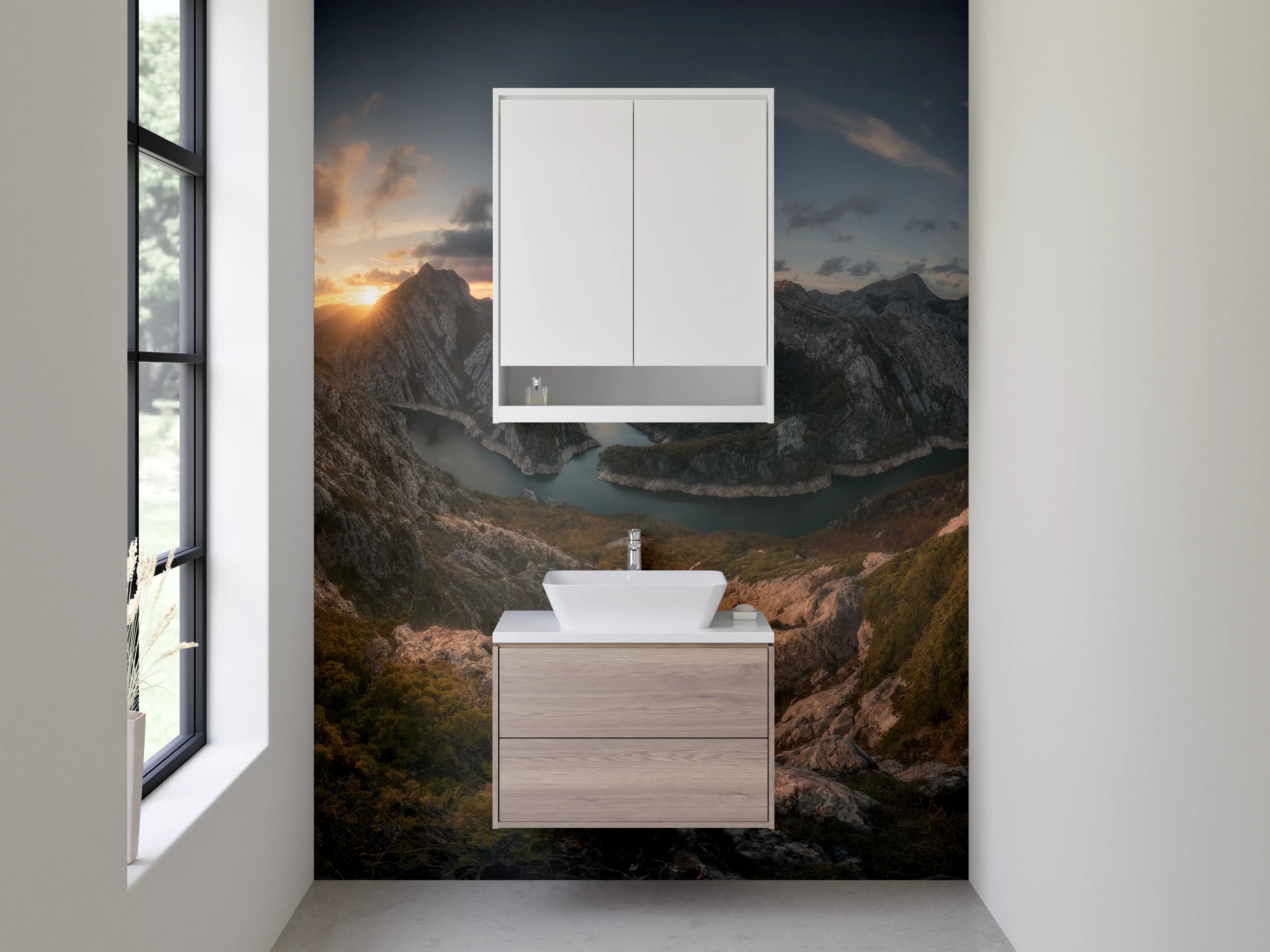 Waschbecken-Rückwand - Graue Sonnenuntergangsberge