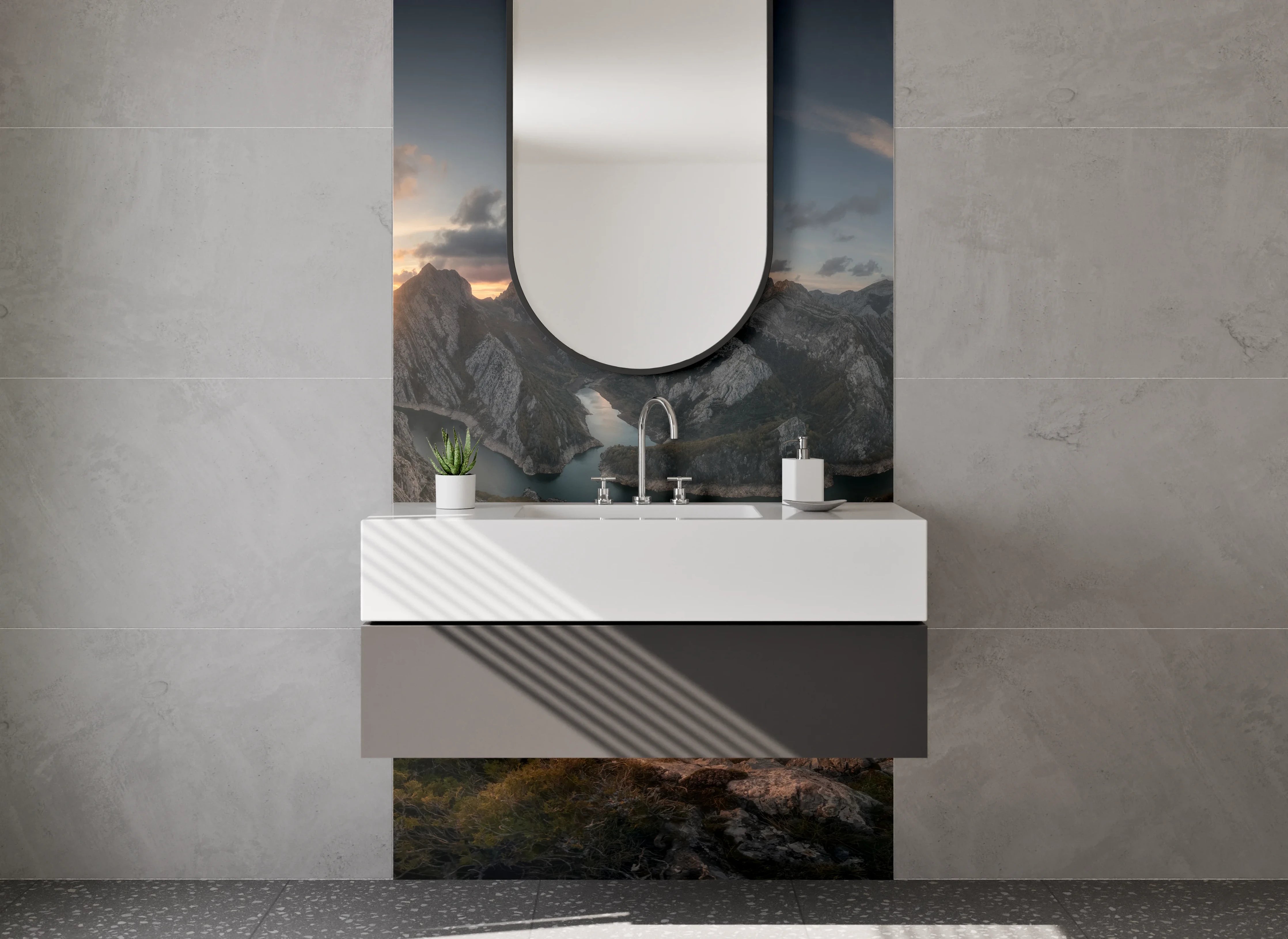 Waschbecken-Rückwand - Graue Sonnenuntergangsberge