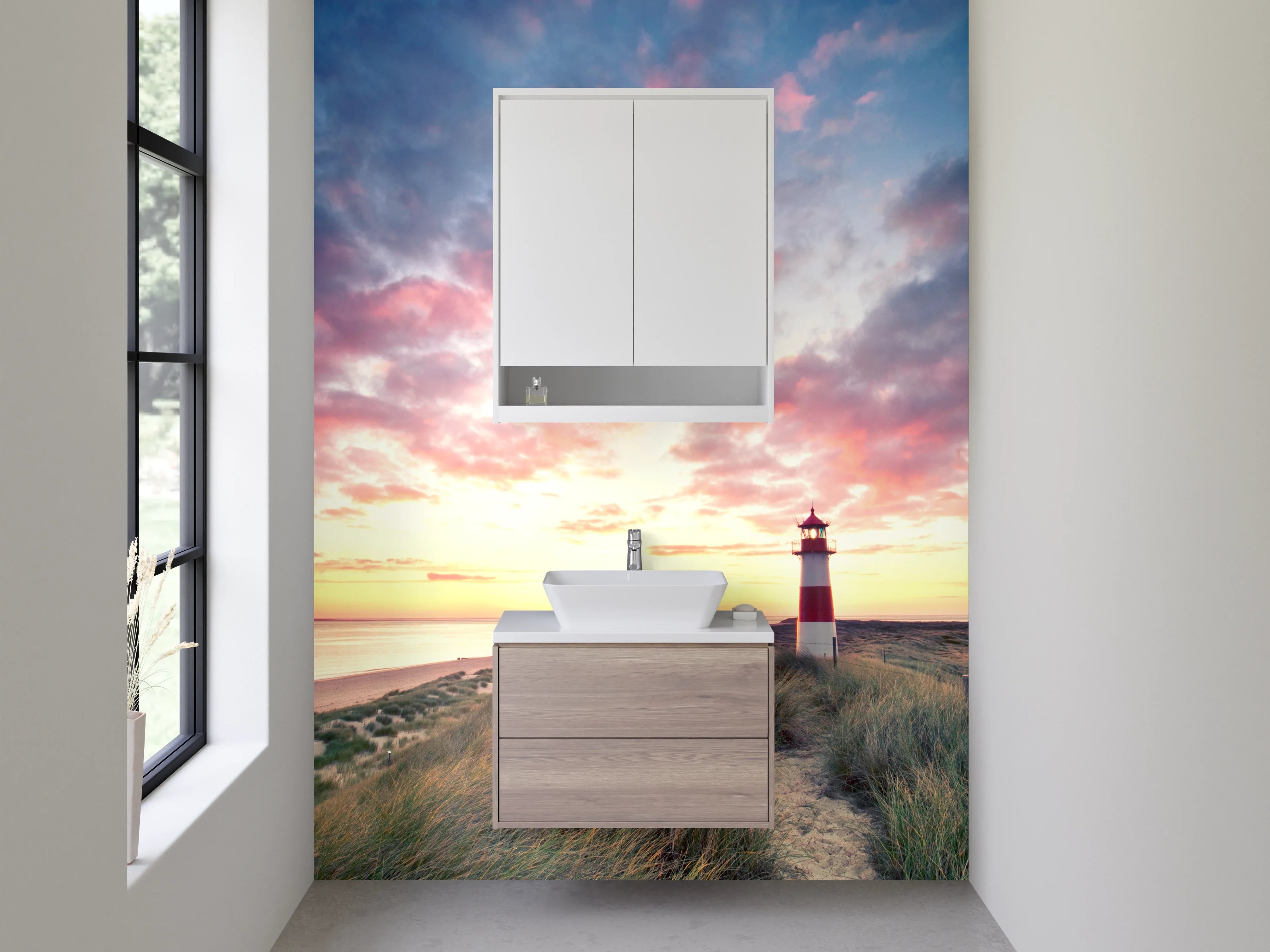 Waschbecken-Rückwand - Graue Stille: Leuchtturm im Abendlicht