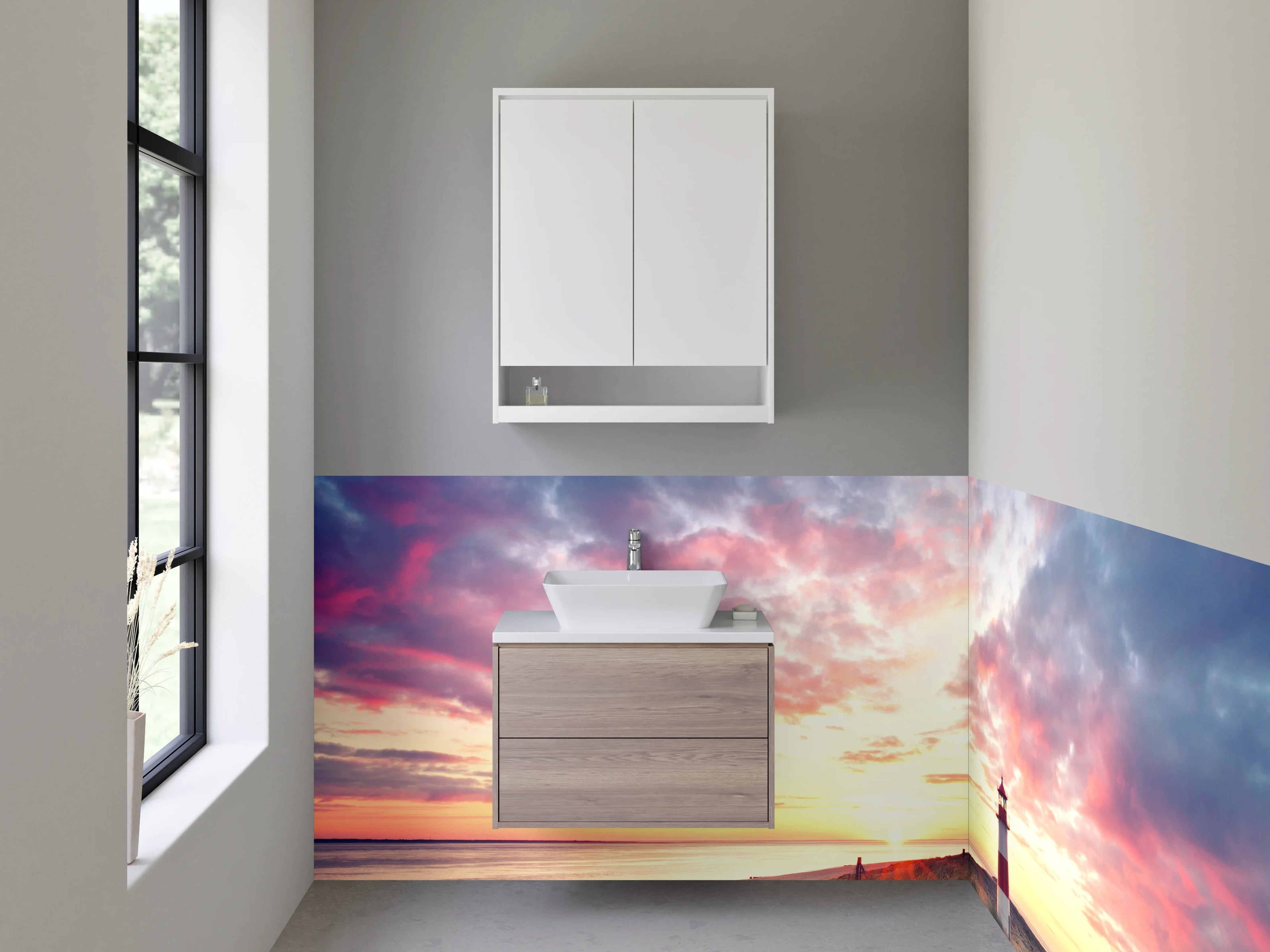 Waschbecken-Rückwand - Graue Stille: Leuchtturm im Abendlicht