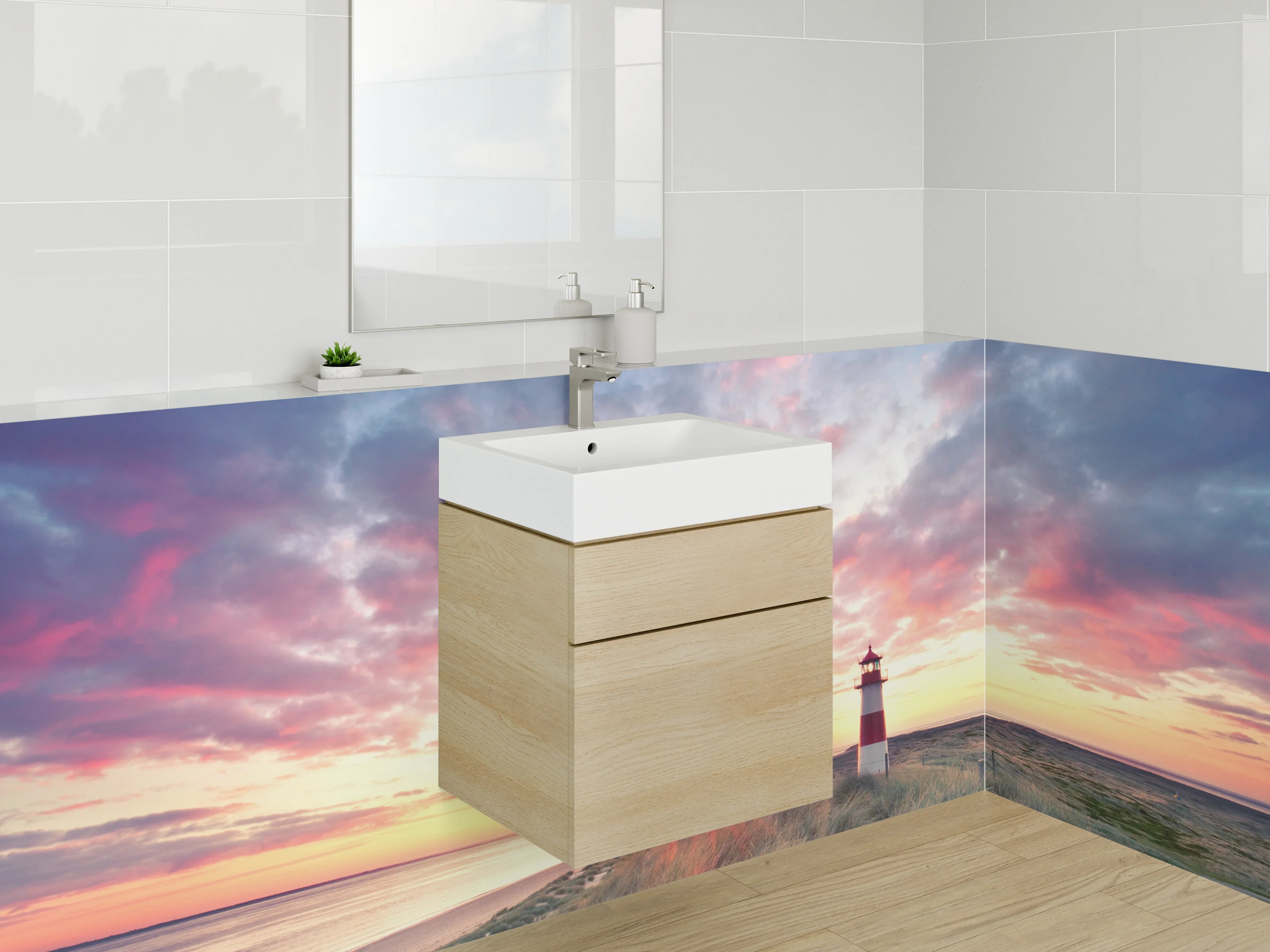 Waschbecken-Rückwand - Graue Stille: Leuchtturm im Abendlicht