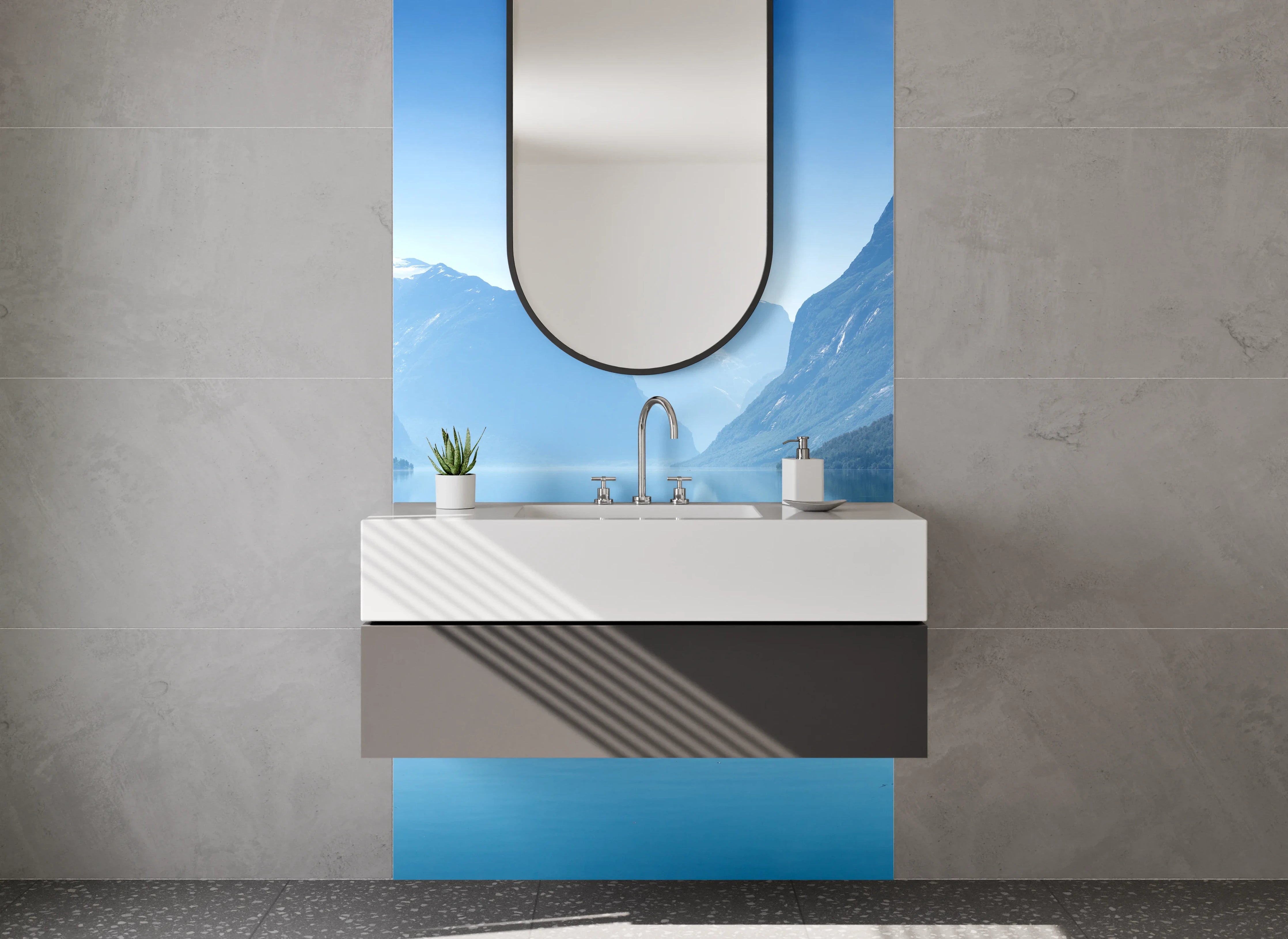 Waschbecken-Rückwand - Graue Träume in Weiß