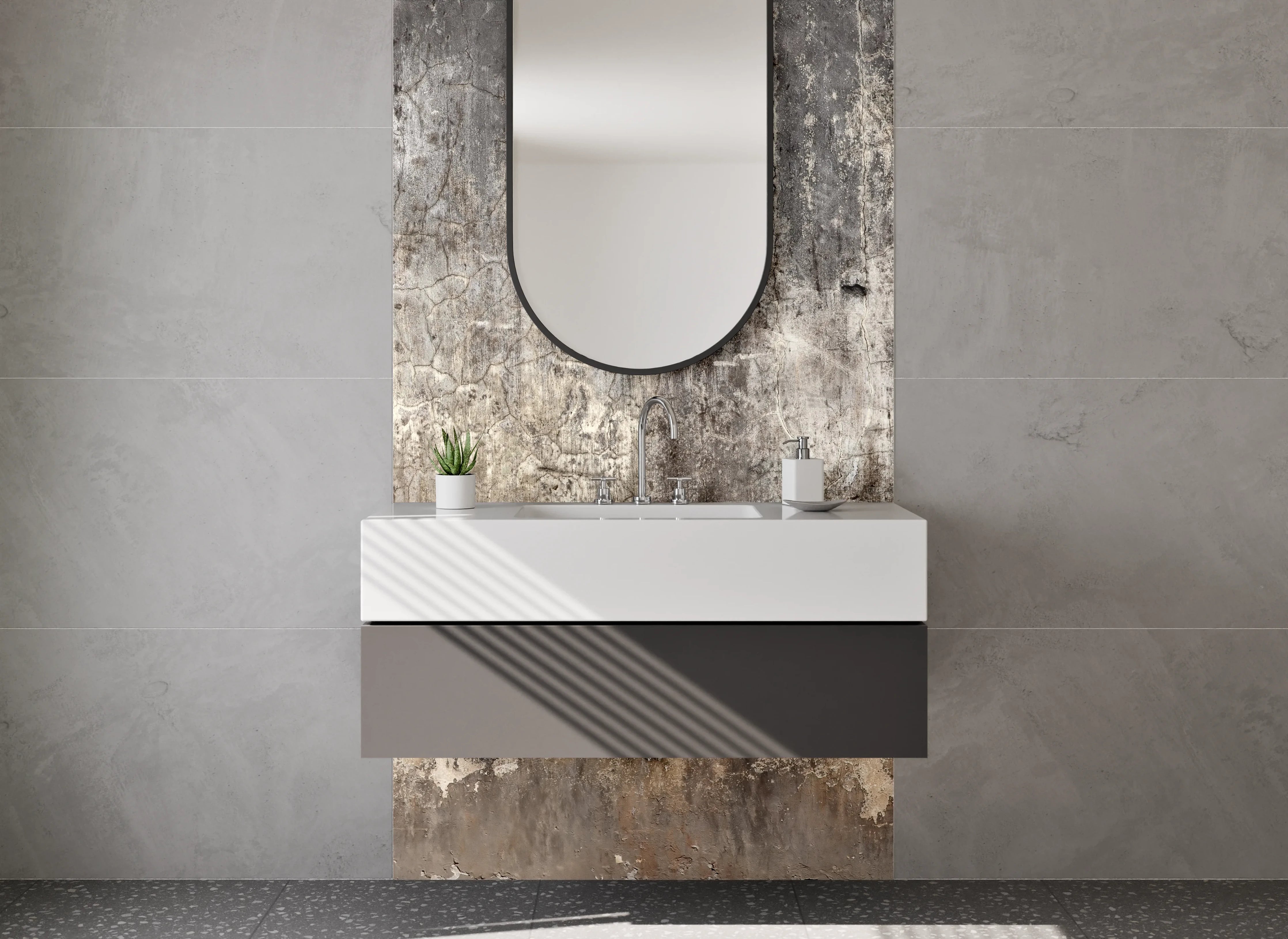 Waschbecken-Rückwand - Graue Vintage-Betonwand mit Weißakzenten