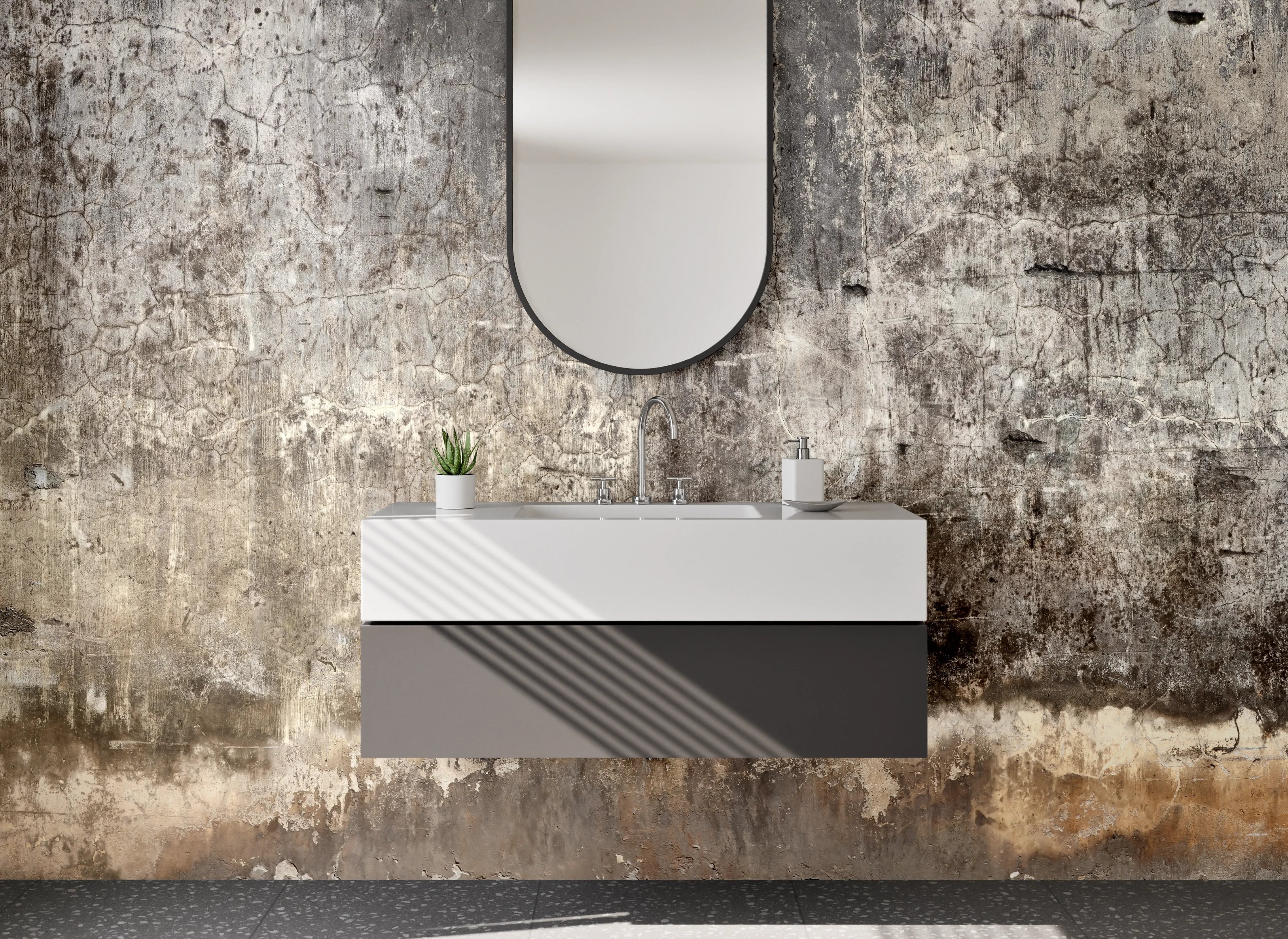 Waschbecken-Rückwand - Graue Vintage-Betonwand mit Weißakzenten