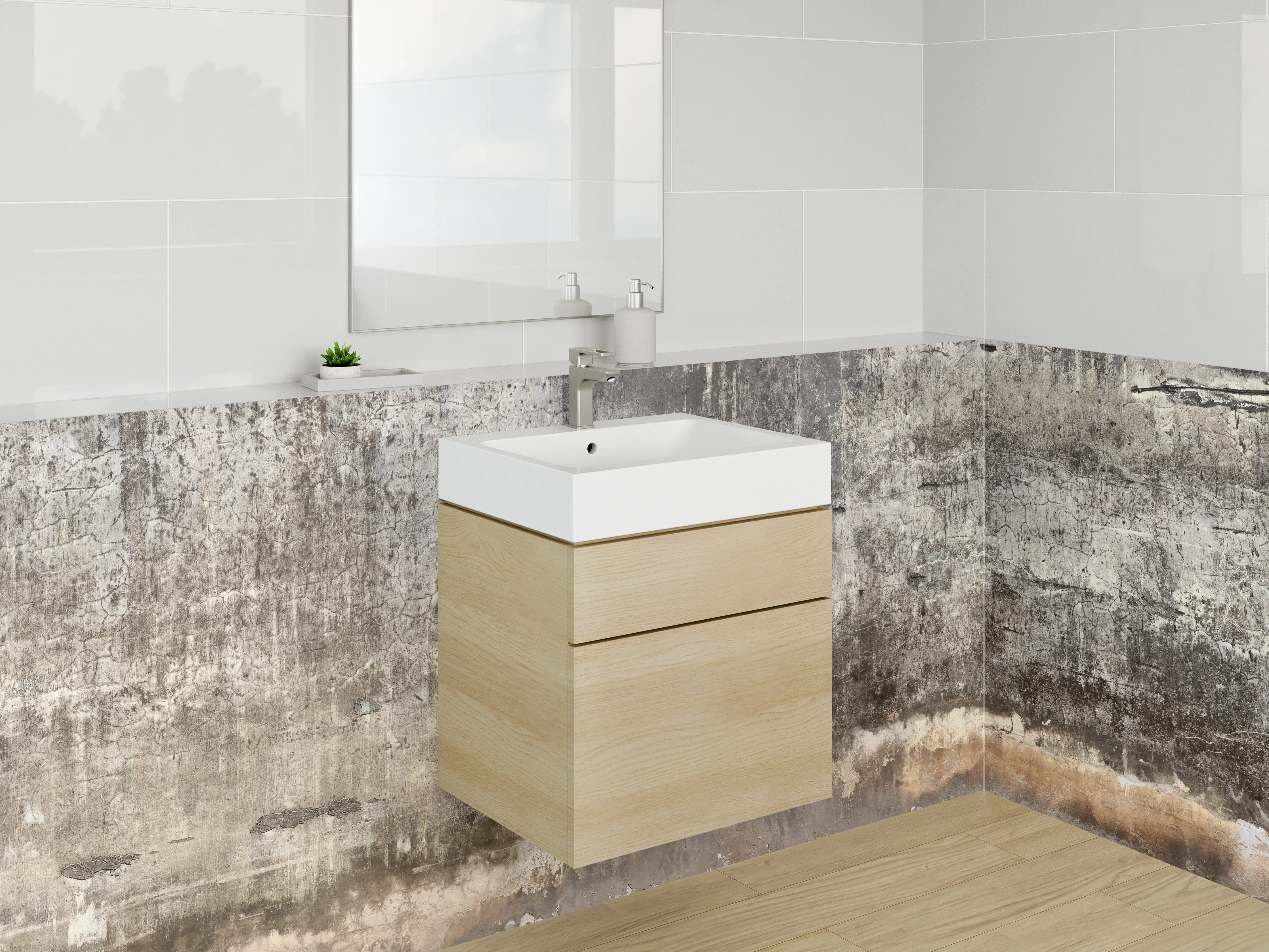 Waschbecken-Rückwand - Graue Vintage-Betonwand mit Weißakzenten
