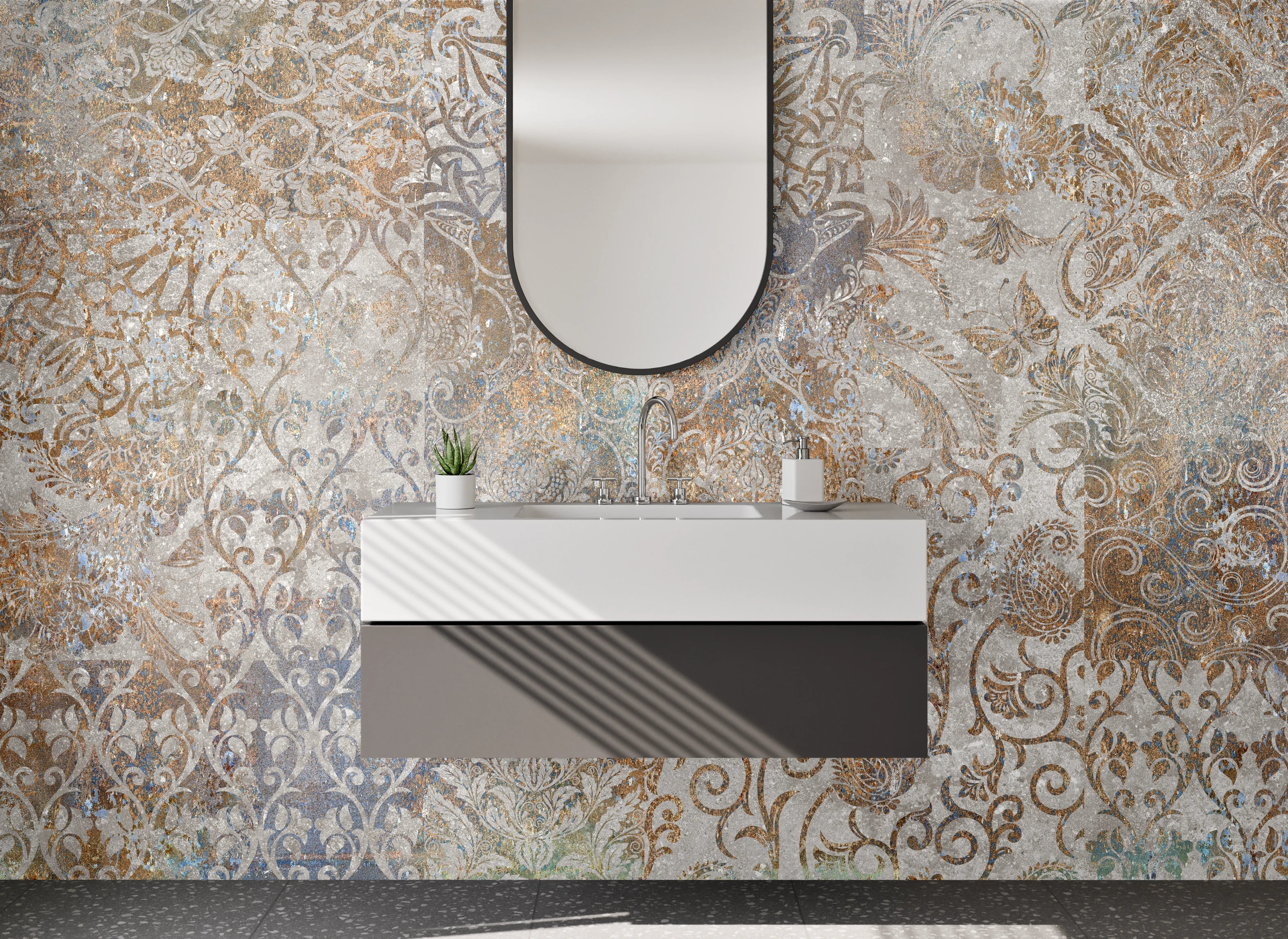 Waschbecken-Rückwand - Graue Vintage Ornamente auf Weiß