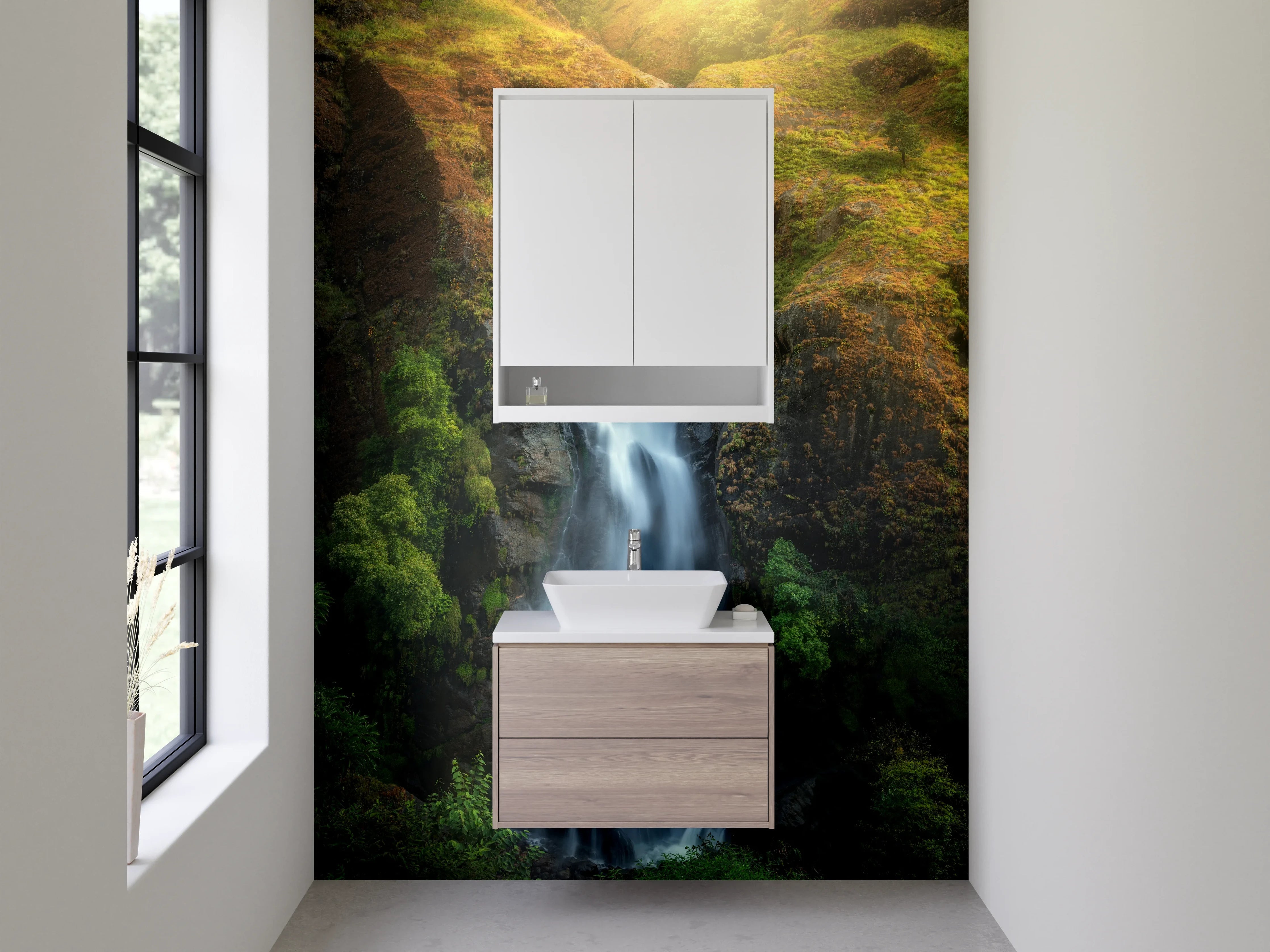 Waschbecken-Rückwand - Graue Wasserfälle im Lichtspiel