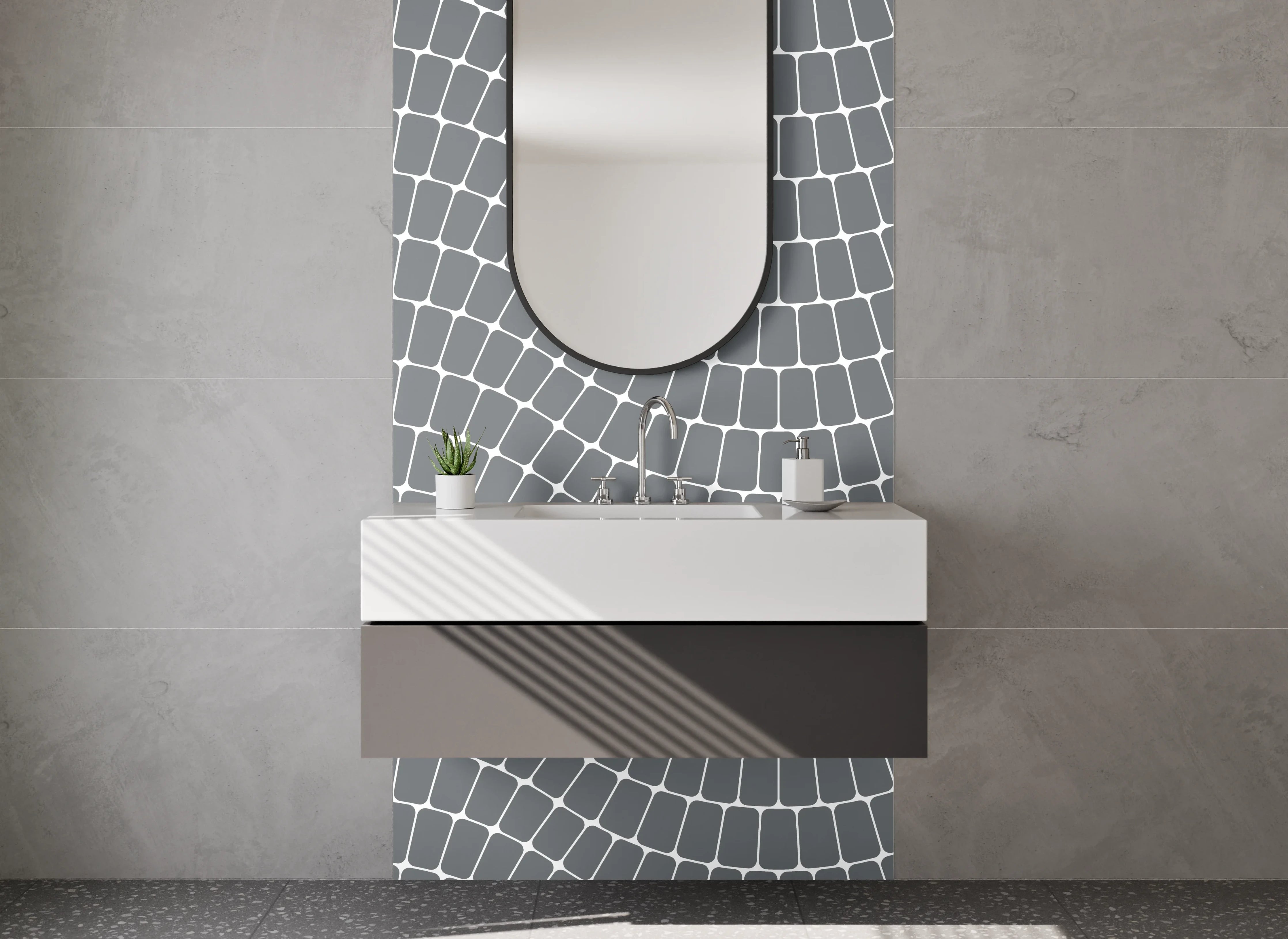 Waschbecken-Rückwand - Graue Wellen auf Weiß Modern
