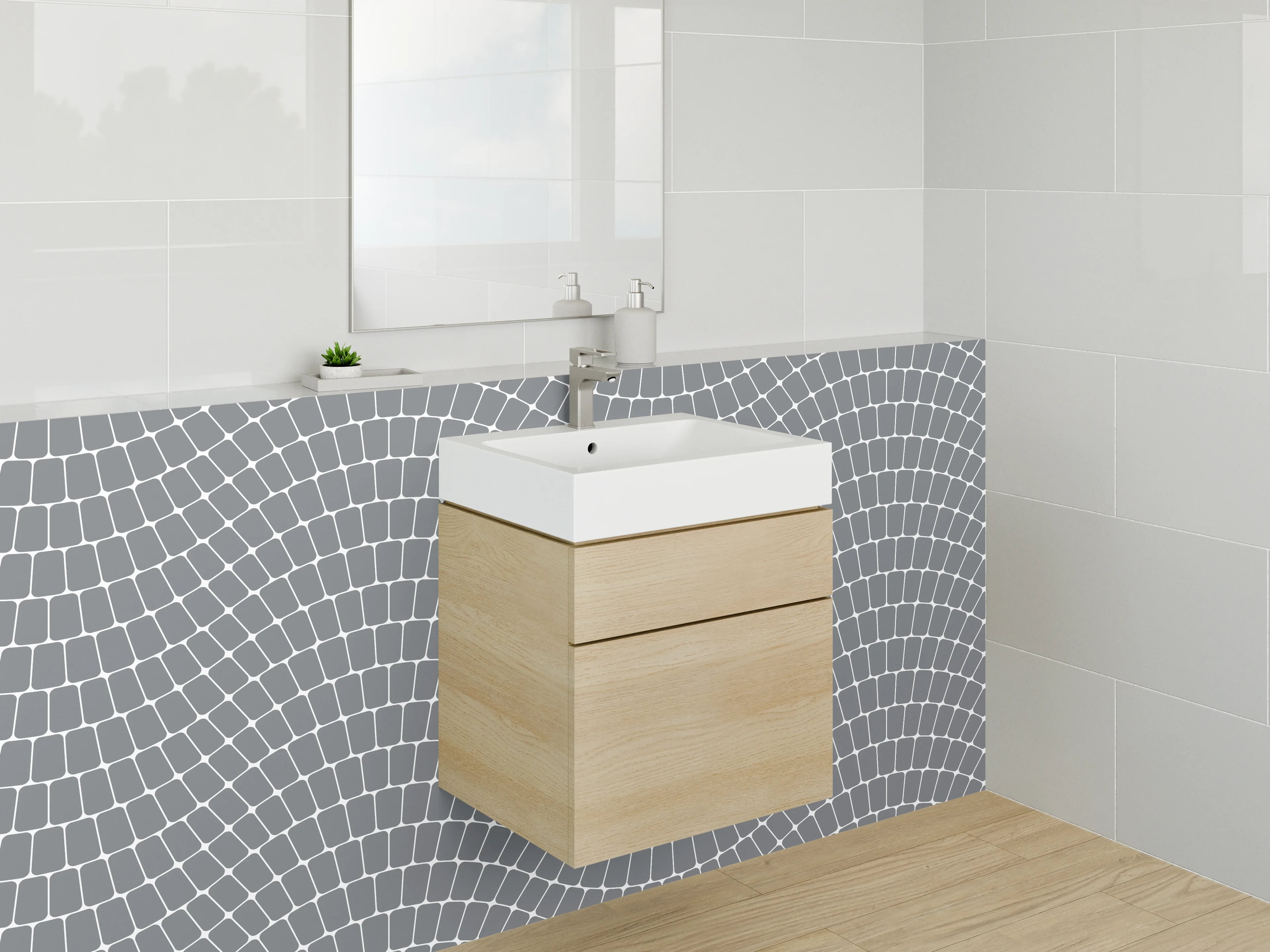 Waschbecken-Rückwand - Graue Wellen auf Weiß Modern