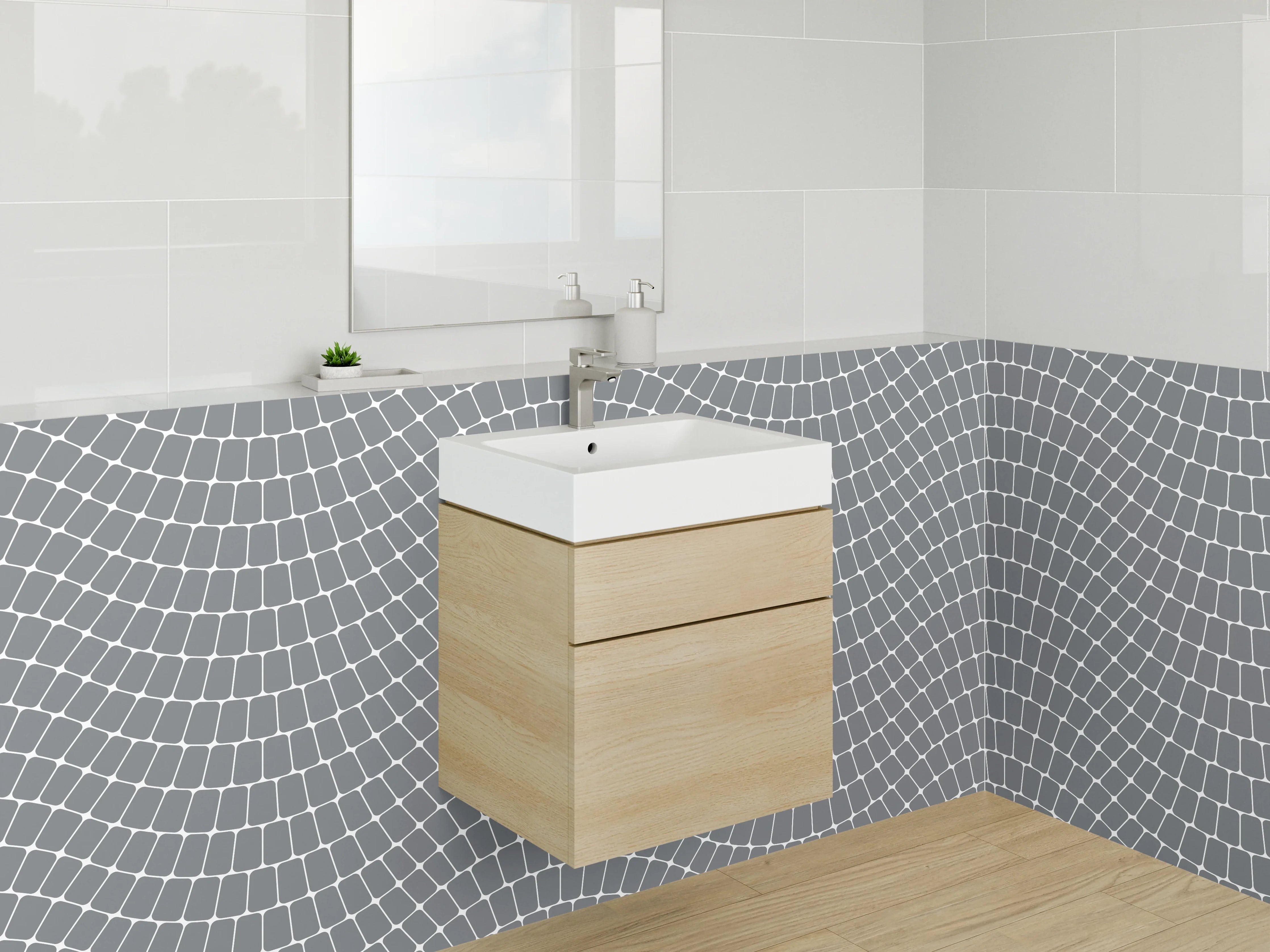 Waschbecken-Rückwand - Graue Wellen auf Weiß Modern