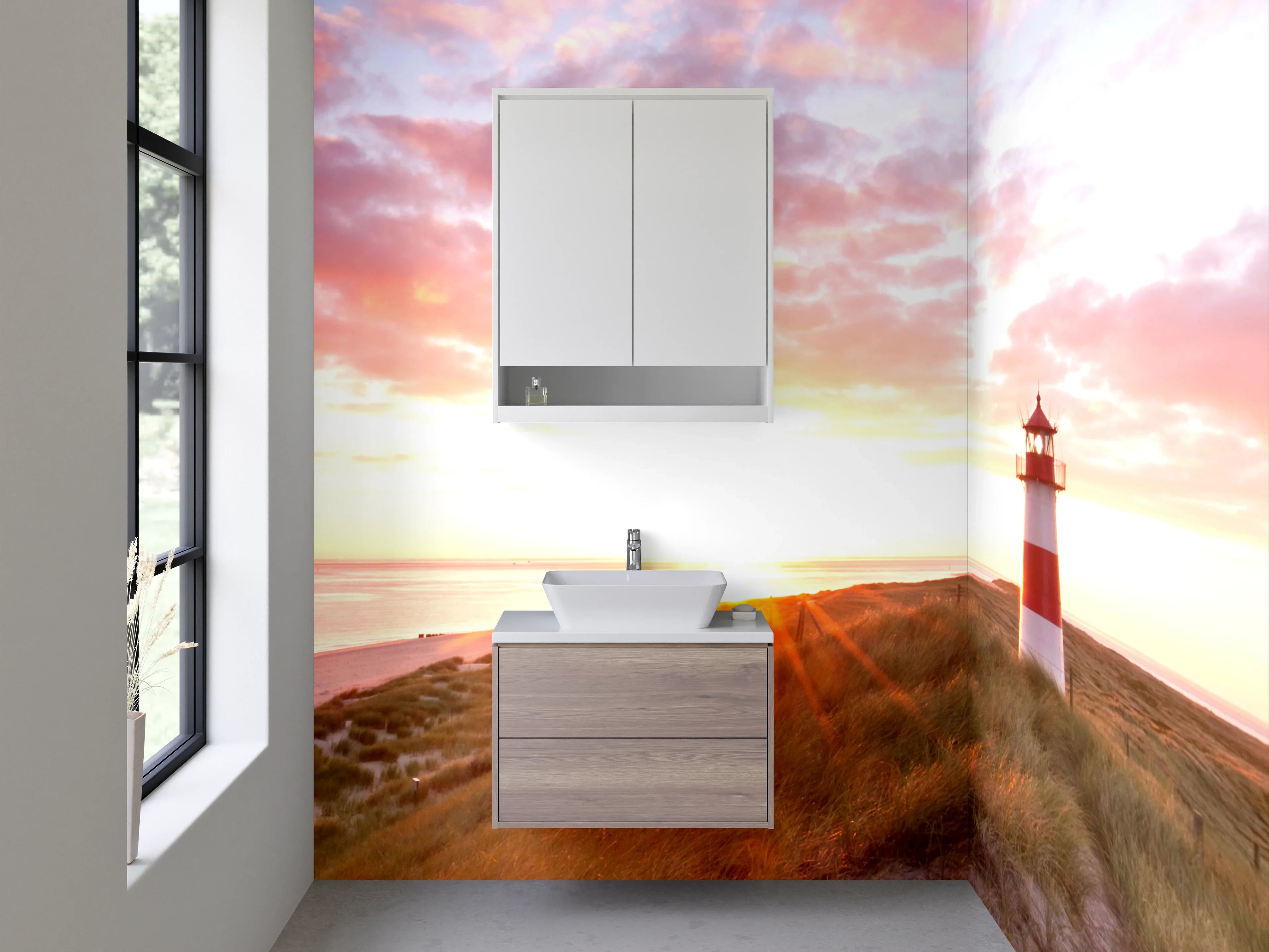 Waschbecken-Rückwand - Grauer Leuchtturm beim Sonnenabend