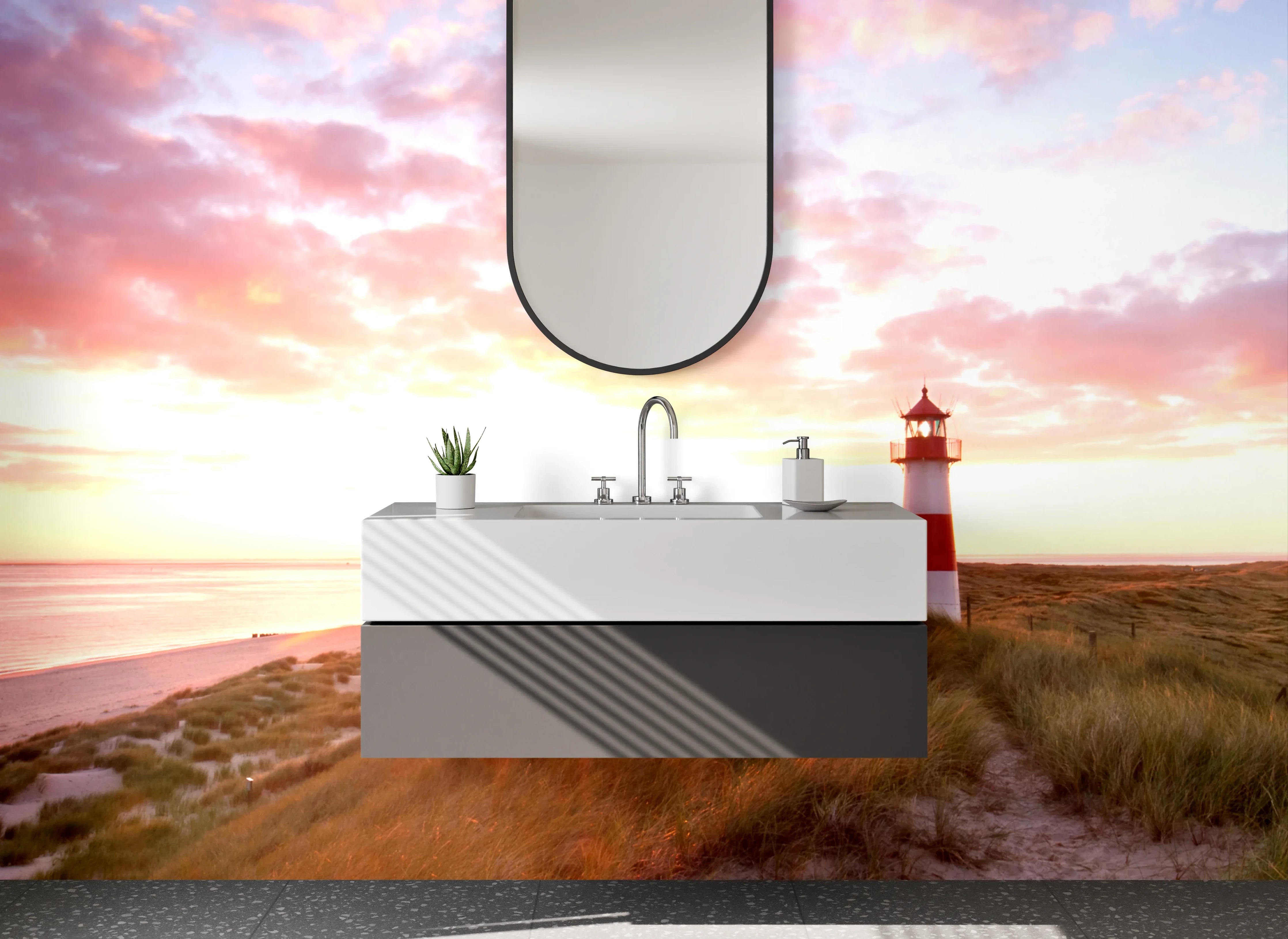 Waschbecken-Rückwand - Grauer Leuchtturm beim Sonnenabend