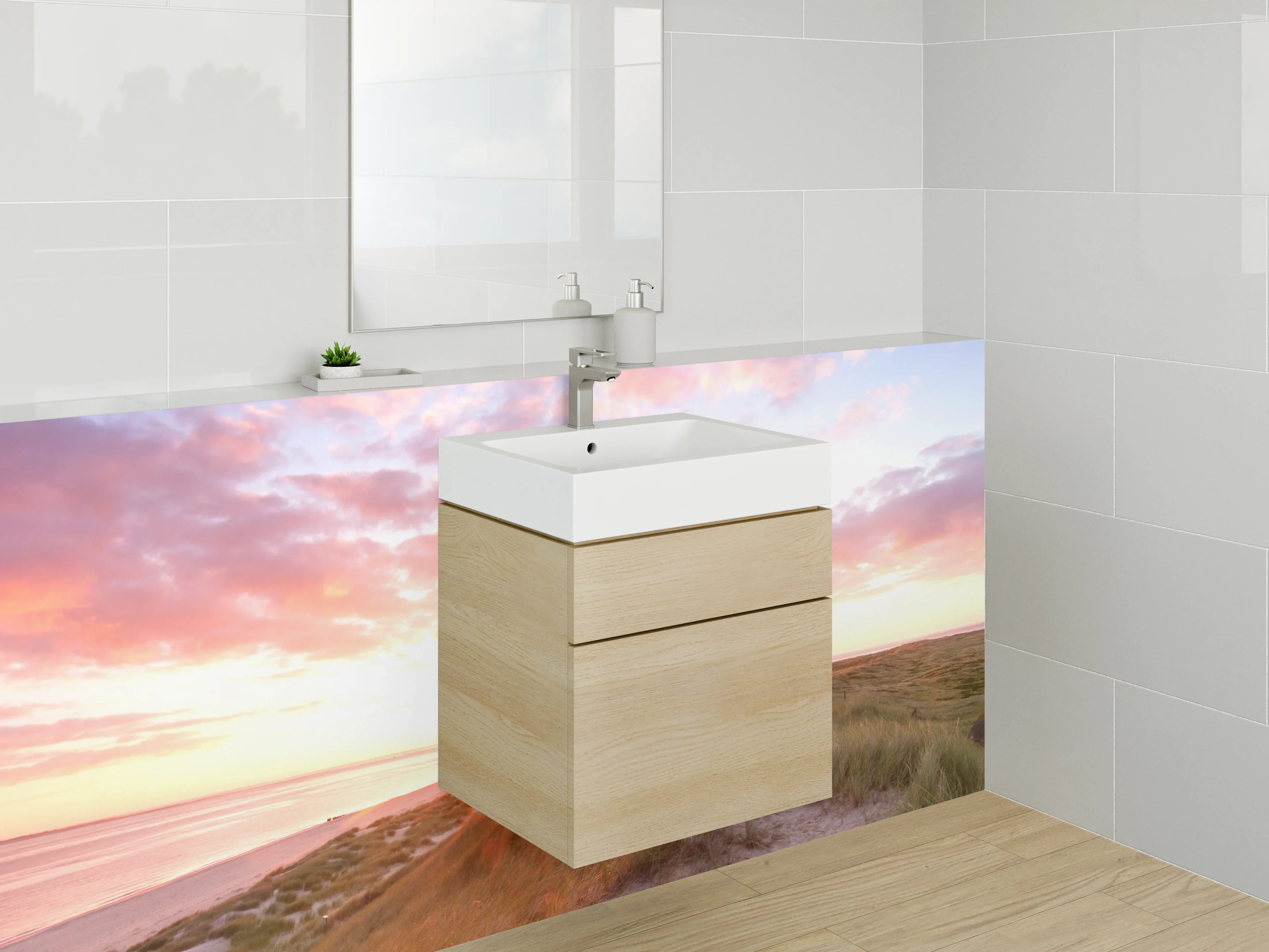 Waschbecken-Rückwand - Grauer Leuchtturm beim Sonnenabend