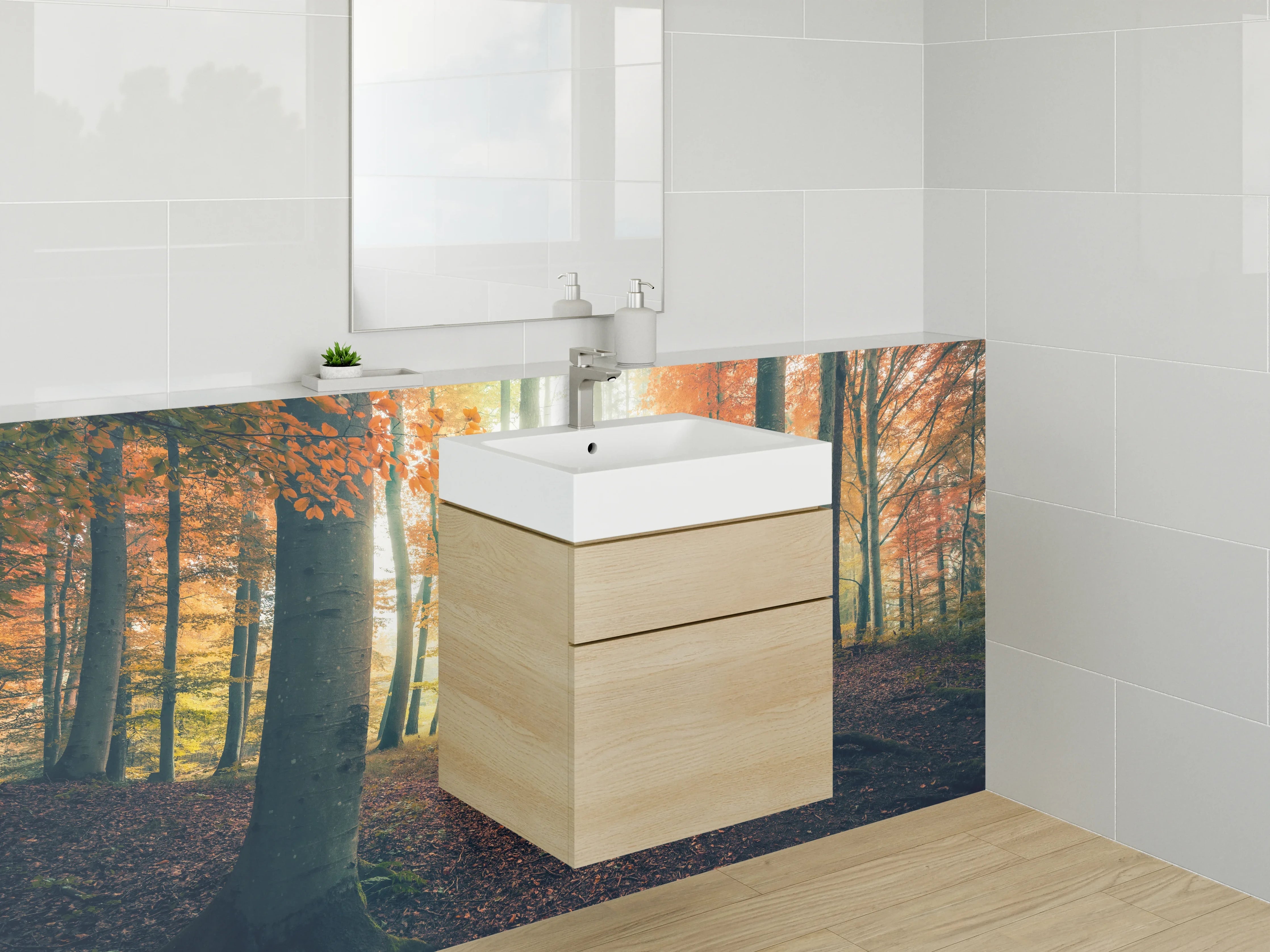 Waschbecken-Rückwand - Grauer Morgengang im Herbstwald