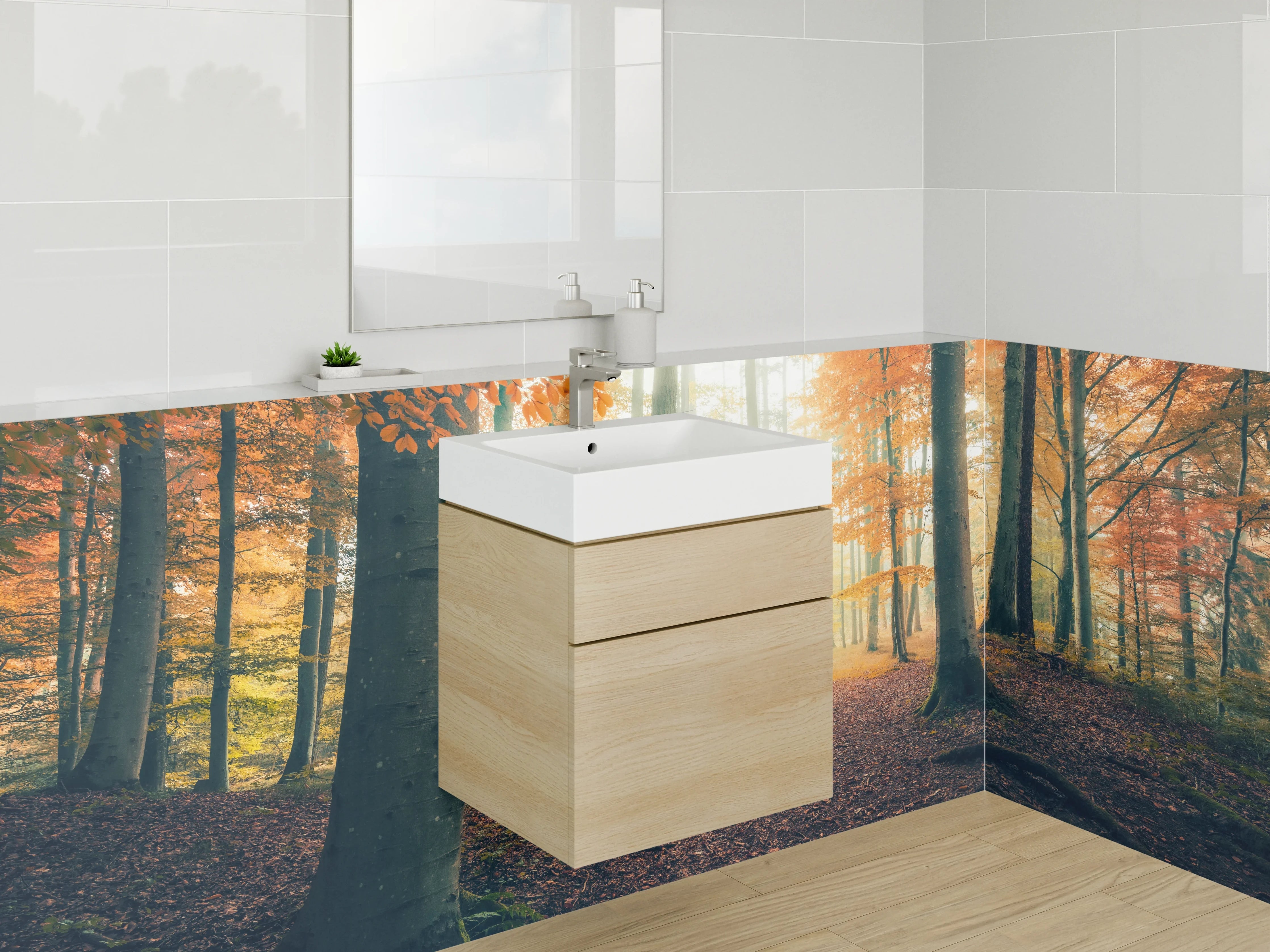 Waschbecken-Rückwand - Grauer Morgengang im Herbstwald