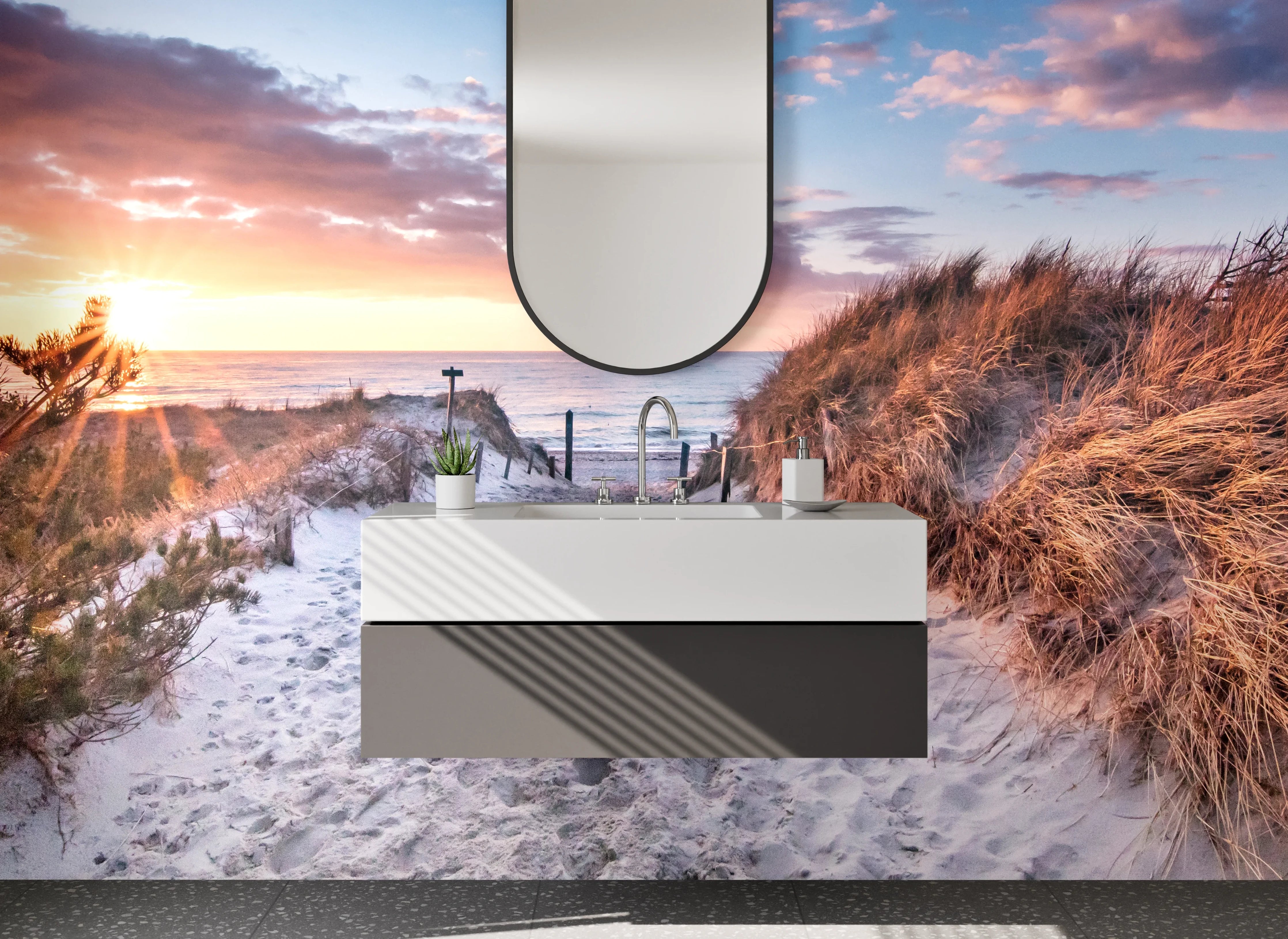 Waschbecken-Rückwand - Grauer Strand bei Abendlicht