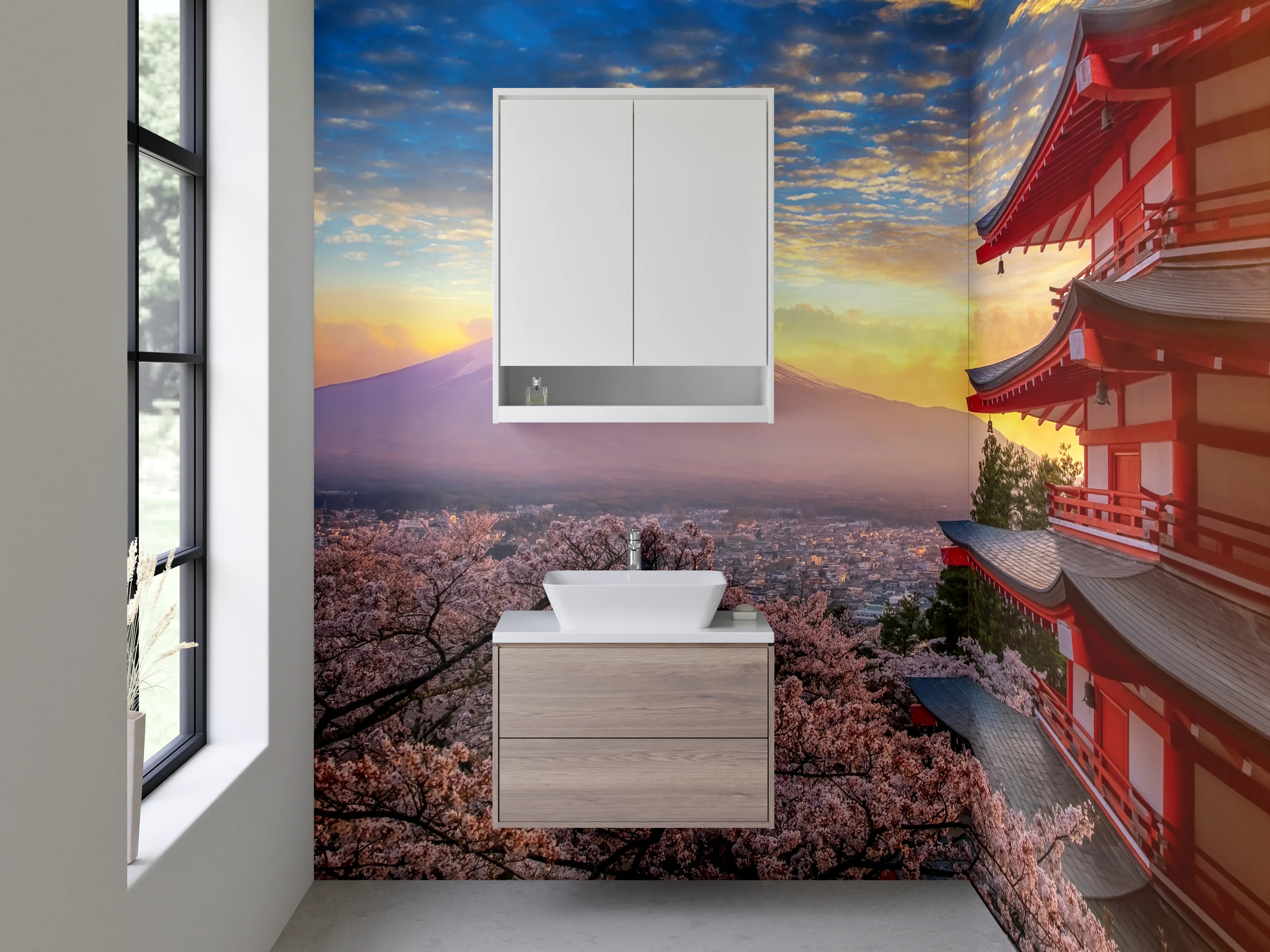 Waschbecken-Rückwand - Grauer Tempel bei Sonnenuntergang