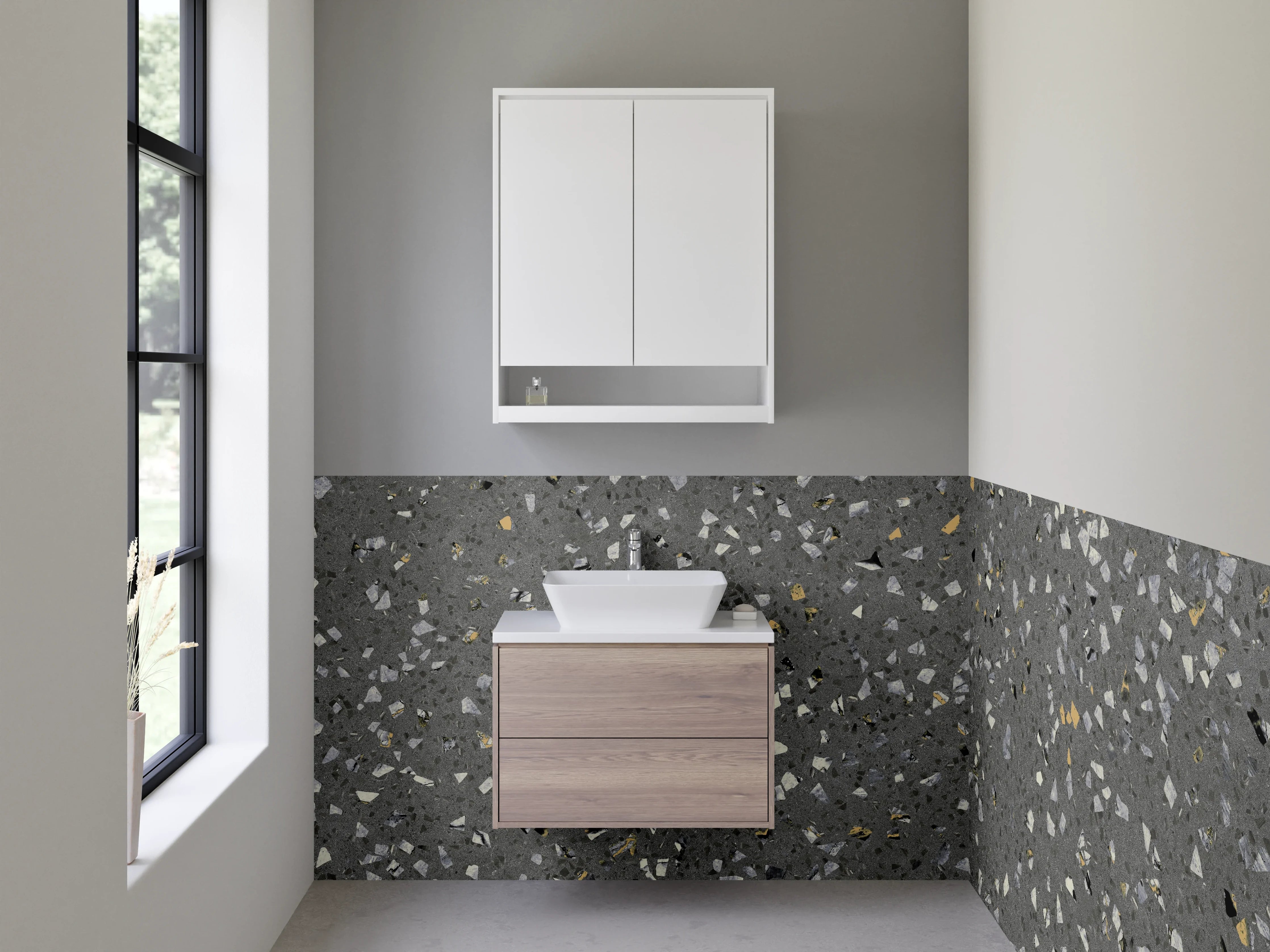 Waschbecken-Rückwand - Grauer Terrazzo-Boden mit bunten Steinchen