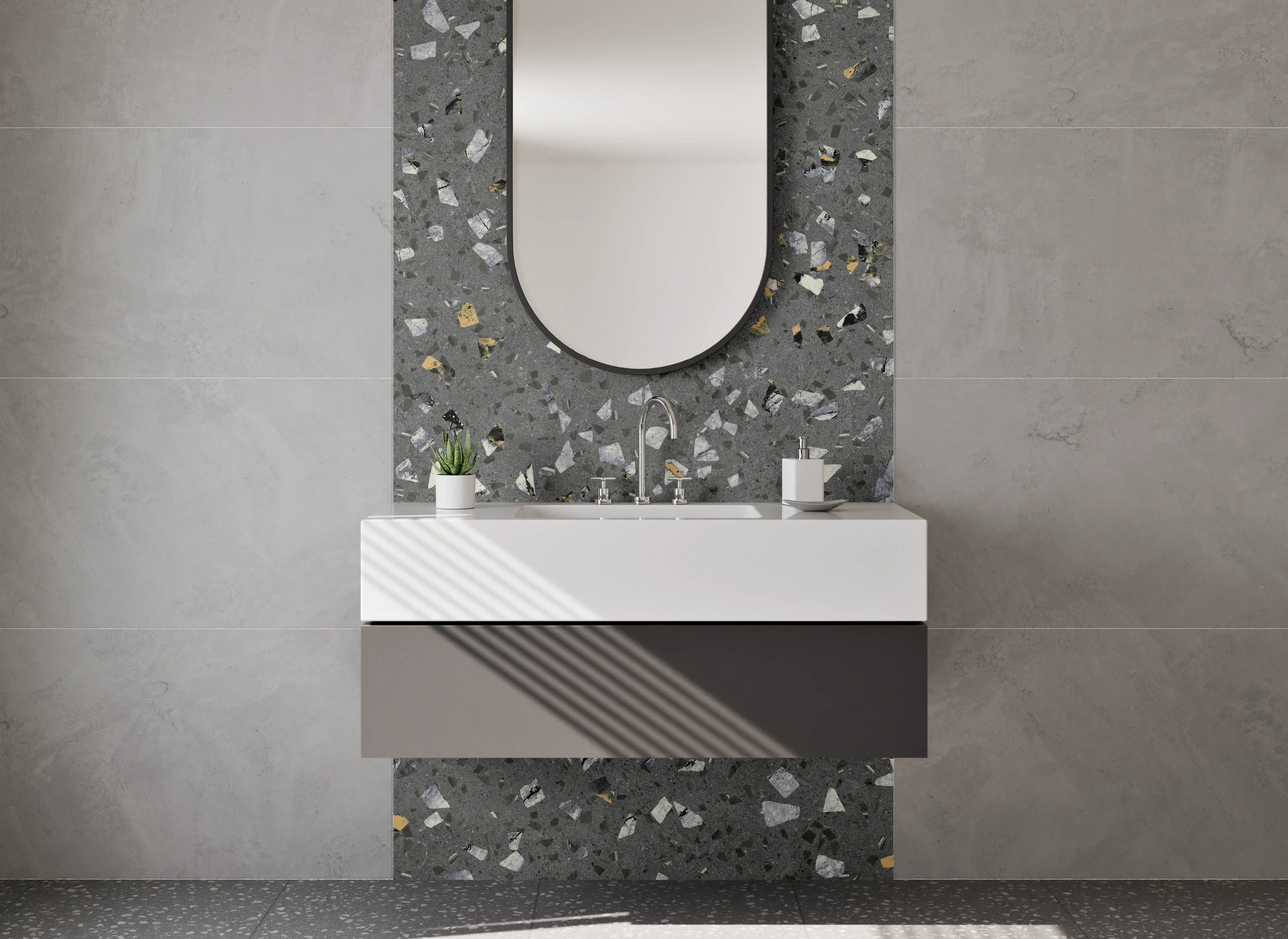 Waschbecken-Rückwand - Grauer Terrazzo-Boden mit bunten Steinchen