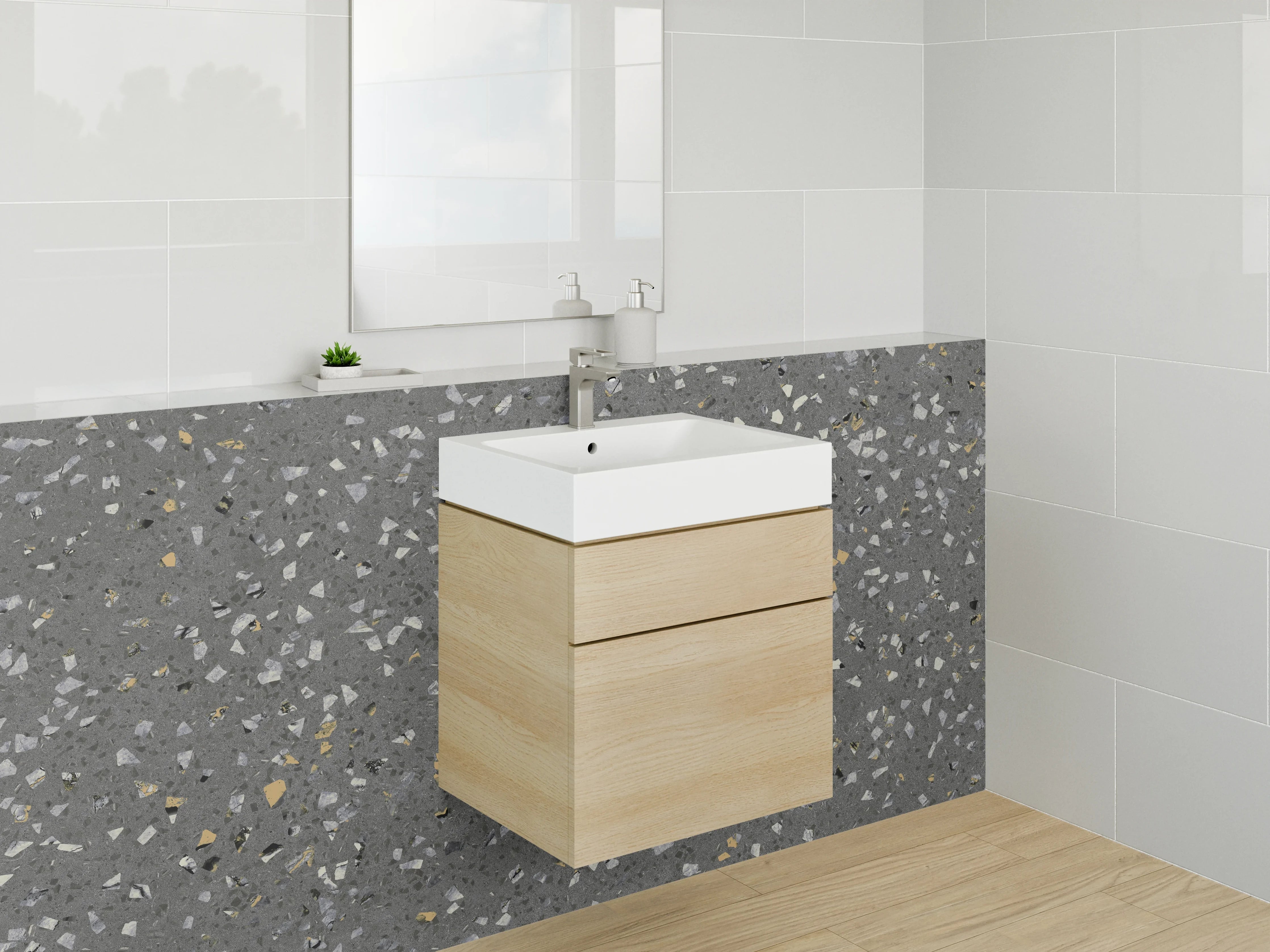 Waschbecken-Rückwand - Grauer Terrazzo-Boden mit bunten Steinchen