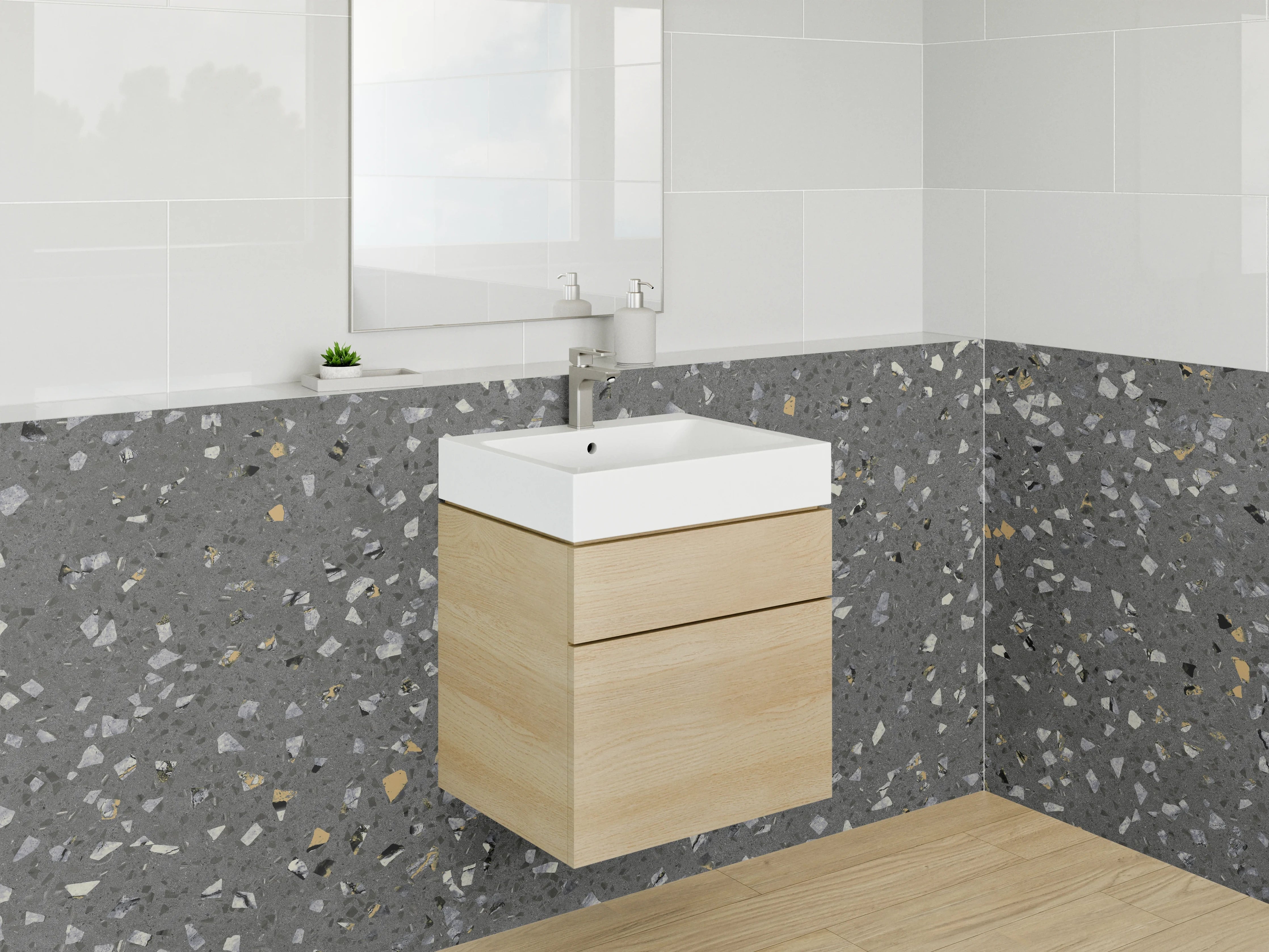 Waschbecken-Rückwand - Grauer Terrazzo-Boden mit bunten Steinchen