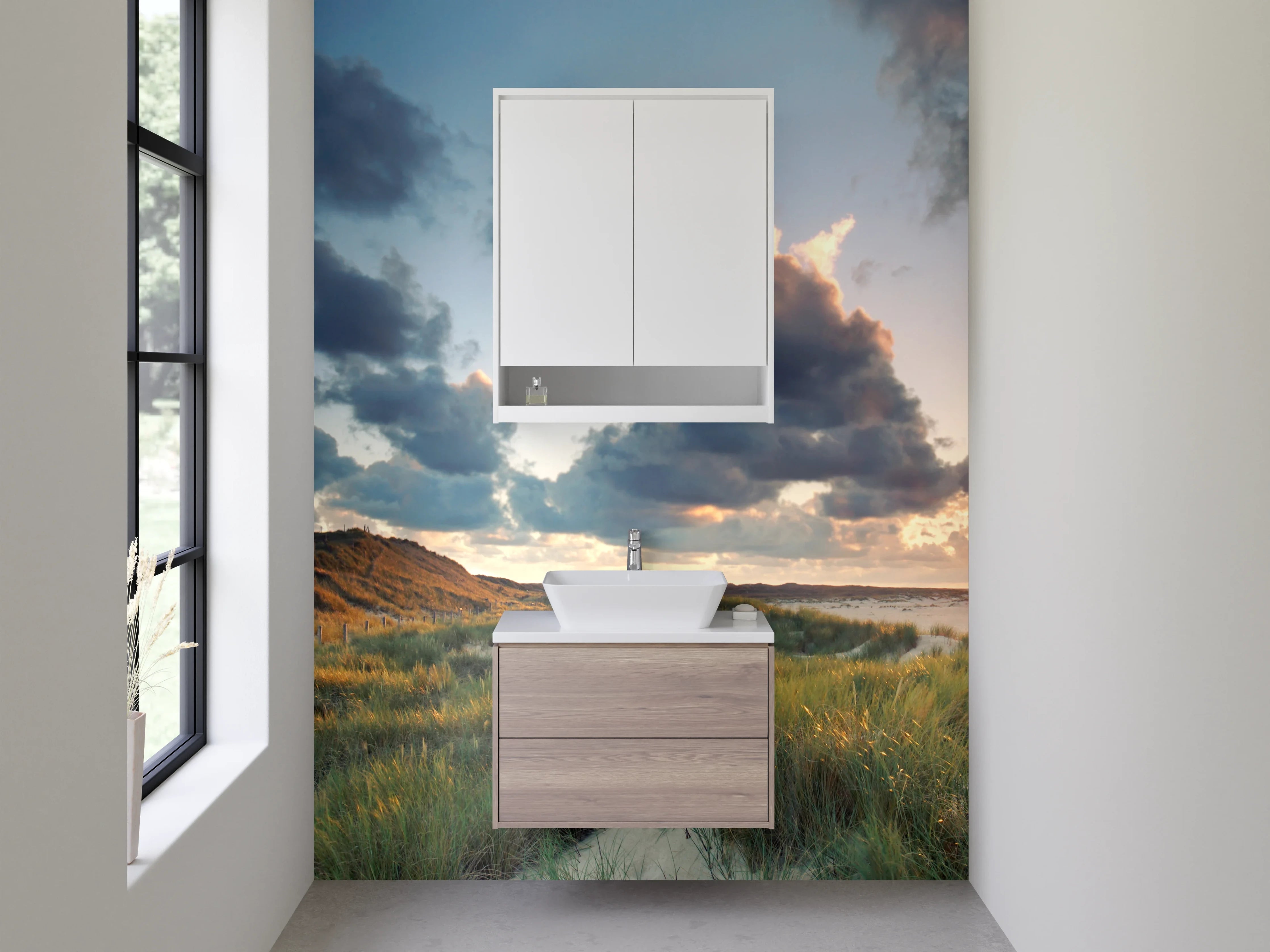 Waschbecken-Rückwand - Grauer Turm im abendlichen Licht