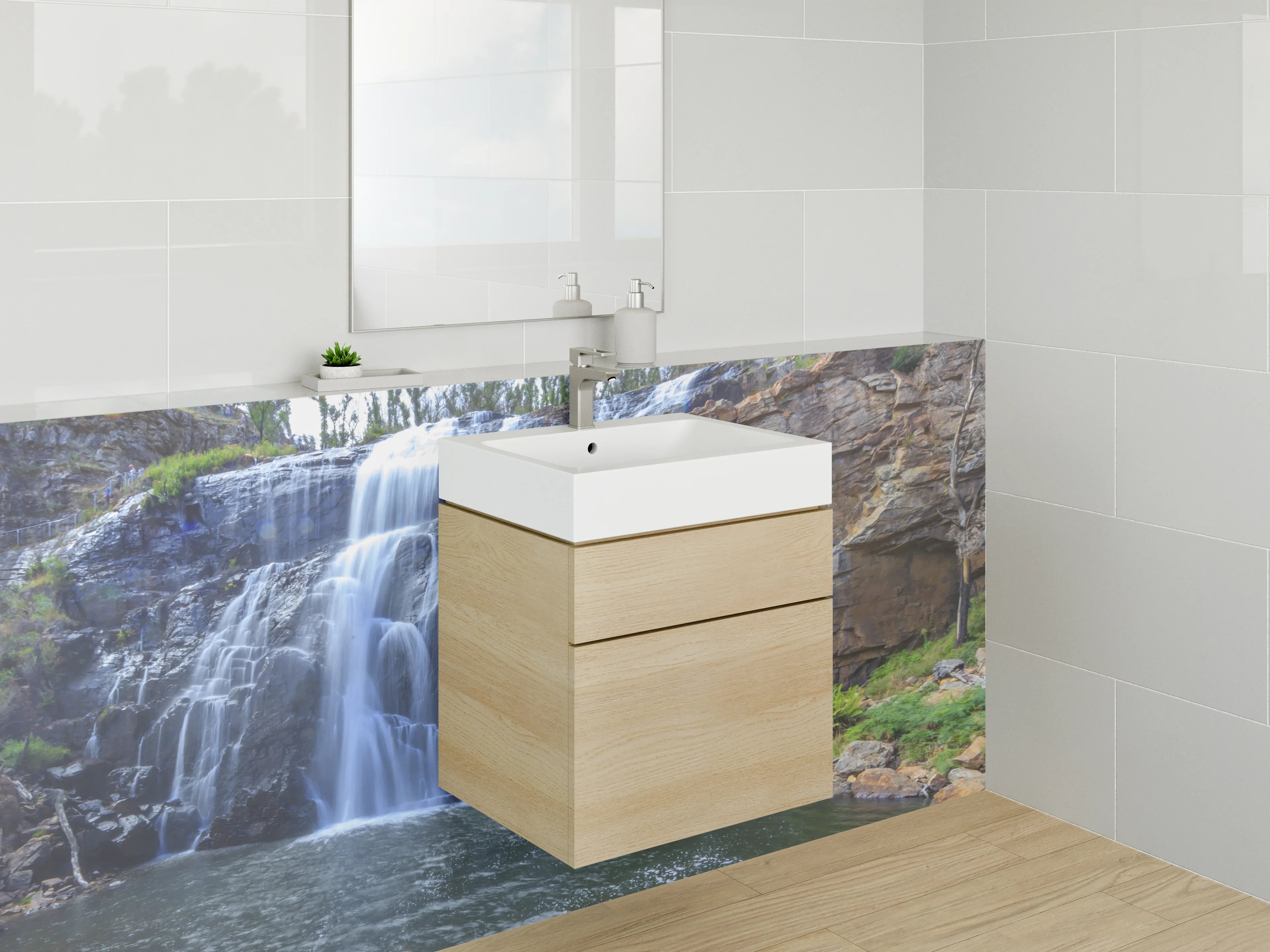 Waschbecken-Rückwand - Grauer Wasserfall in weißer Landschaft