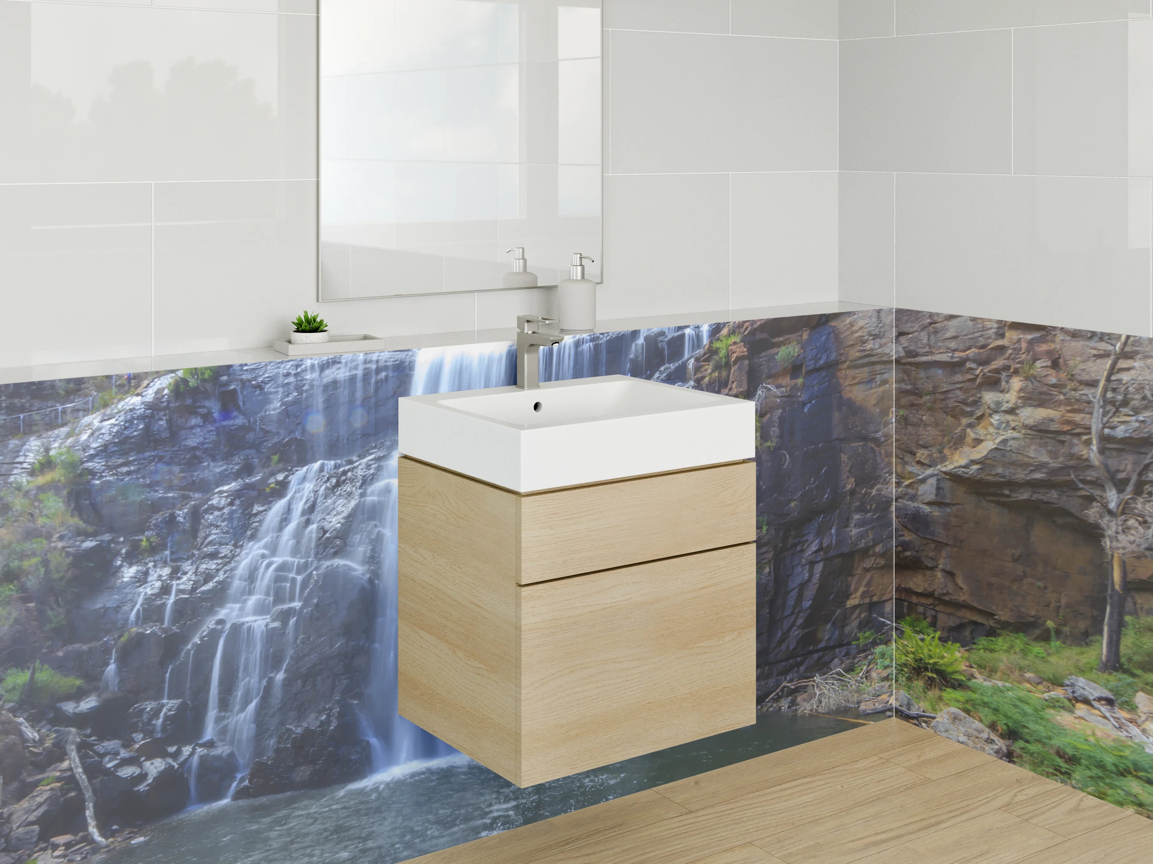 Waschbecken-Rückwand - Grauer Wasserfall in weißer Landschaft