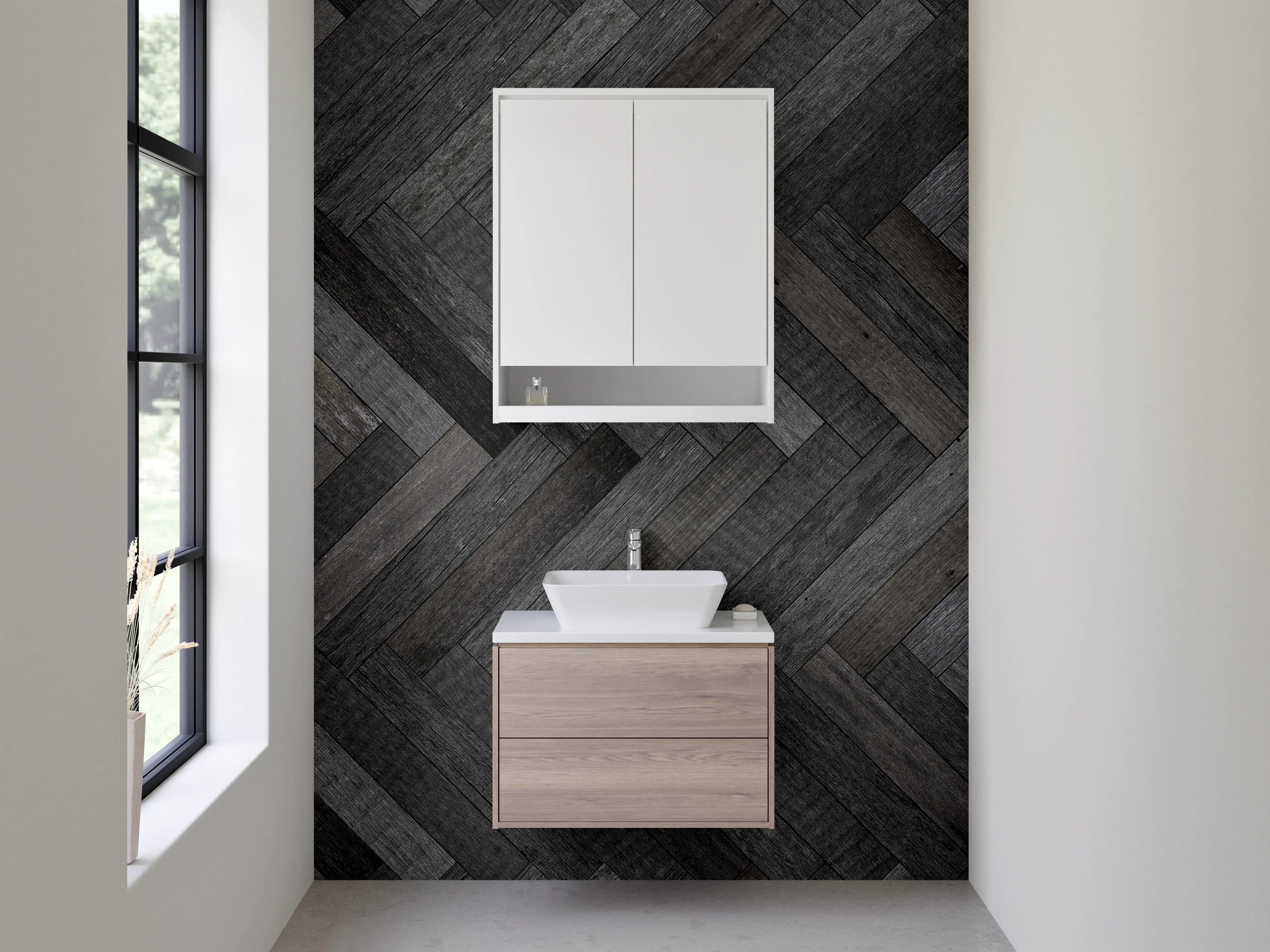 Waschbecken-Rückwand - Graues Fischgrät Weißholz Design